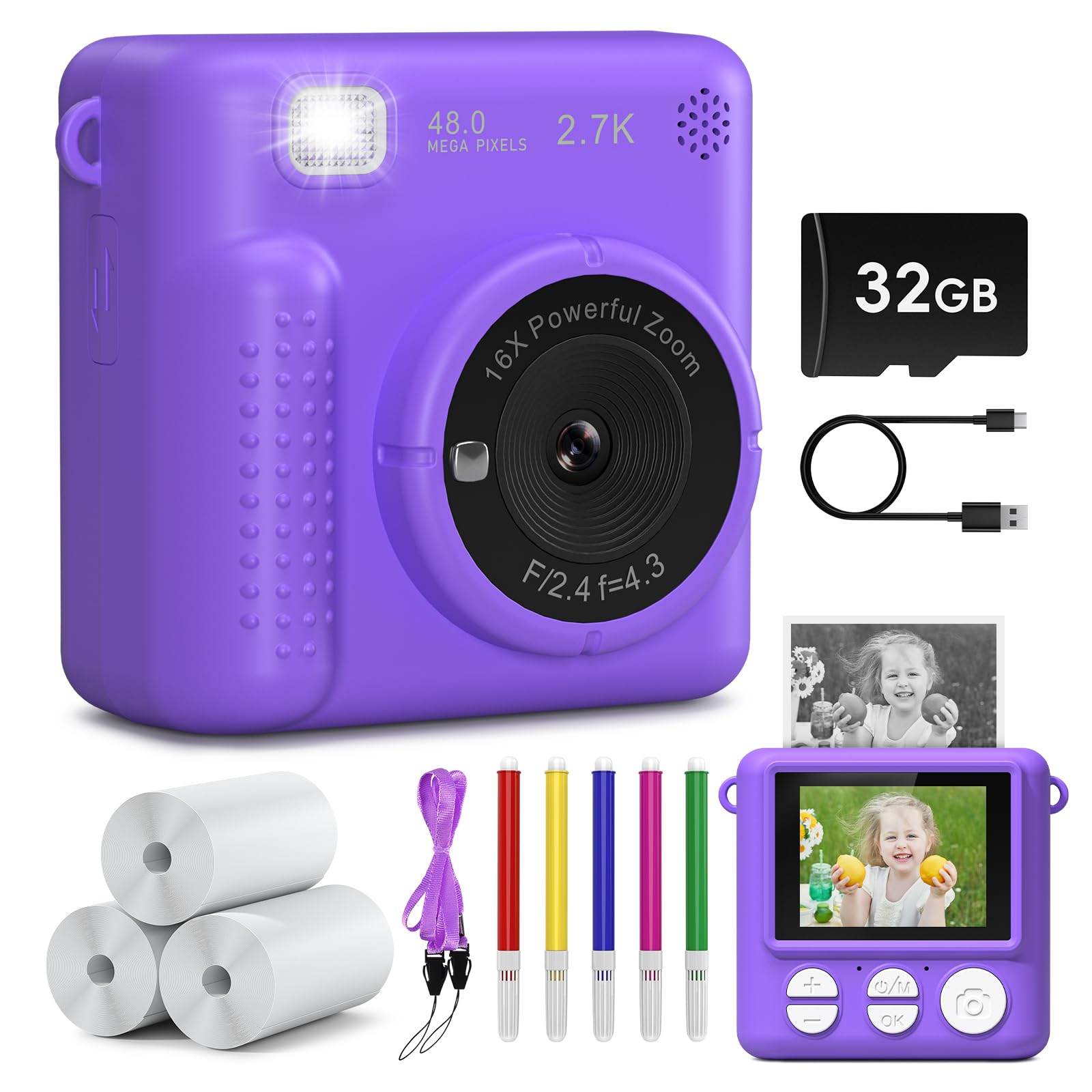 Greenkinder Kids Camera Instant Print, Christmas Birthday Gifts For Boys Girls Age 3 12, 2.4 Inch/1080P Kids Digital Cameras, Po