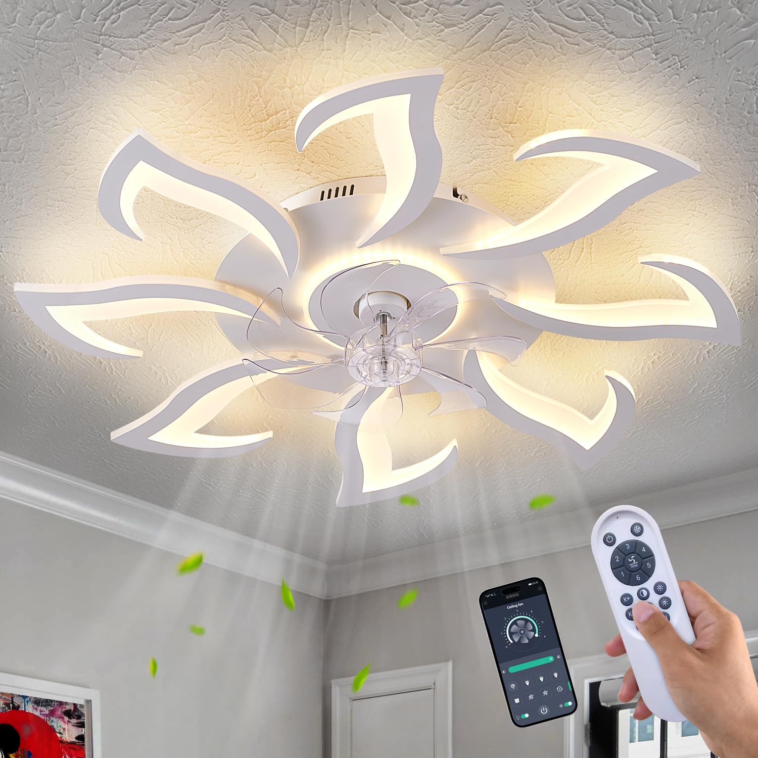 Modern Ceiling Fan With Light And Remote, Low Profile Ceiling Fans With Lights, 36 Inch White Flush Mount Ceiling Fan With 3 Lig