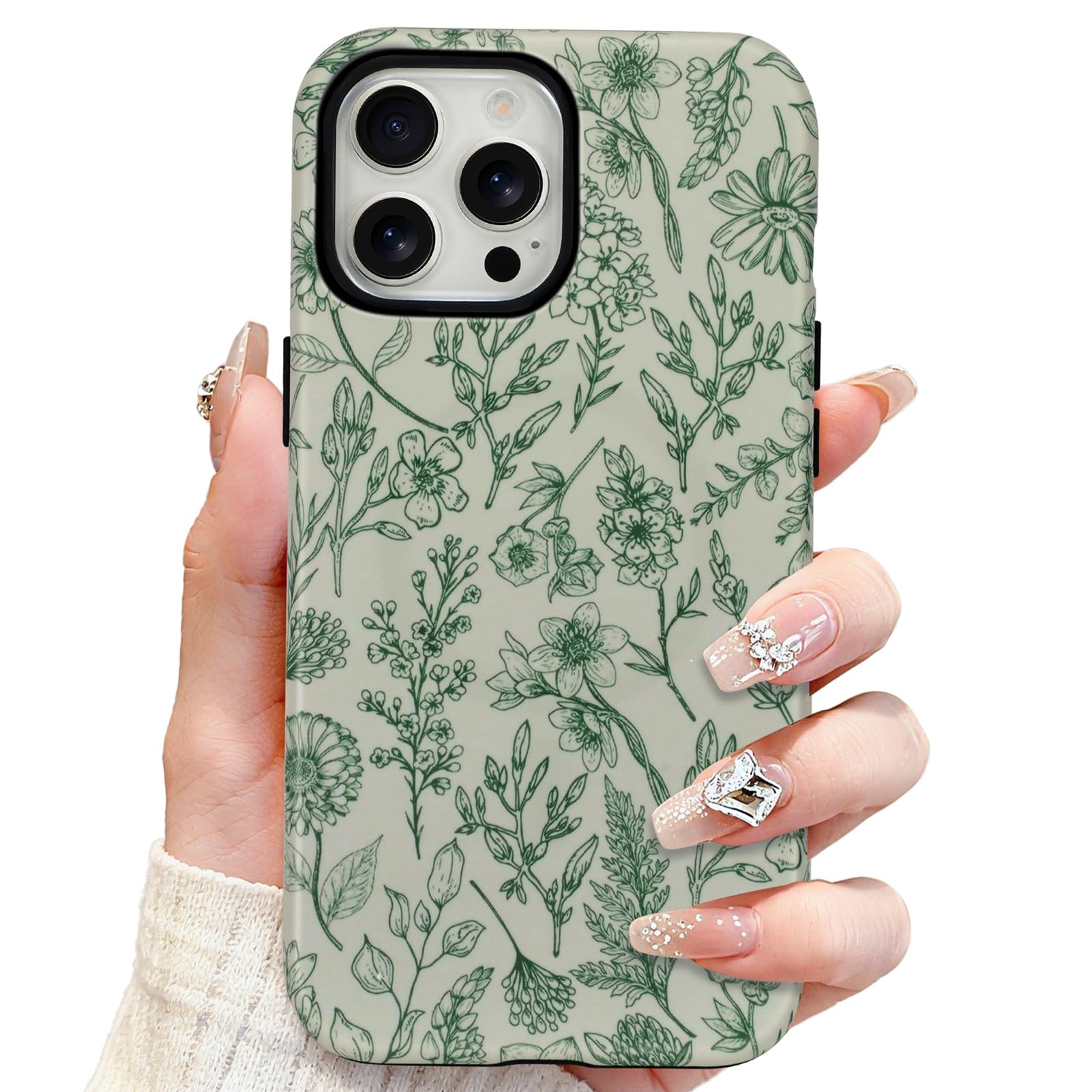 SOKAD Magnetic Sage Floral Phone Case for iPhone 14 Pro Max, Vintage Green Flower Pattern Compatible with Magsafe Matte Protecti