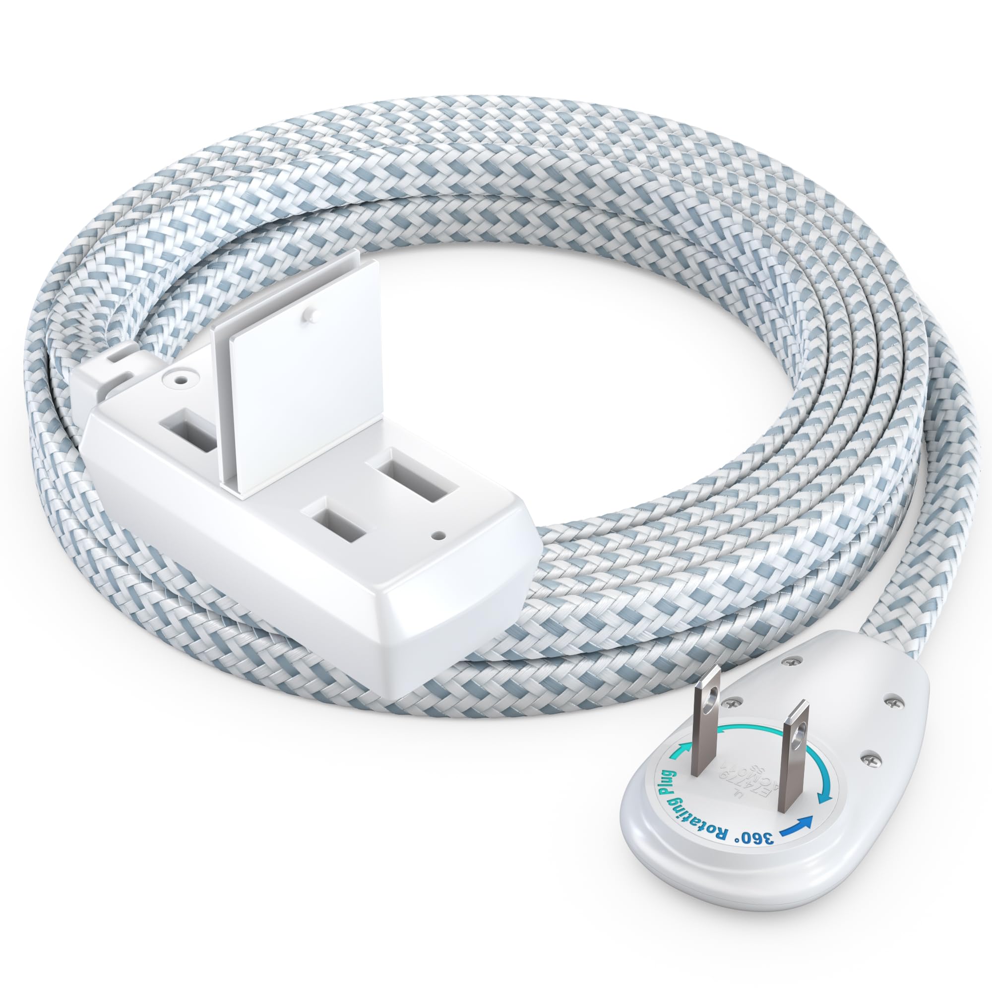Maximm Cable 10Ft 360 Rotating Flat Plug Extension Cord/Wire, 16 Awg Multi 3 Outlet Extension Wire Braided, 2 Prong With Safety