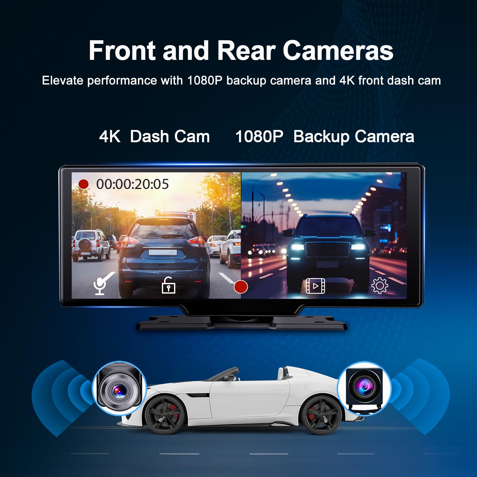 Luzeterna Portable 9.3 Inch Wireless Apple Carplay Screen For Car With Auto Brightness, 4K Dash Cam & Backup Camera, Bluetooth C