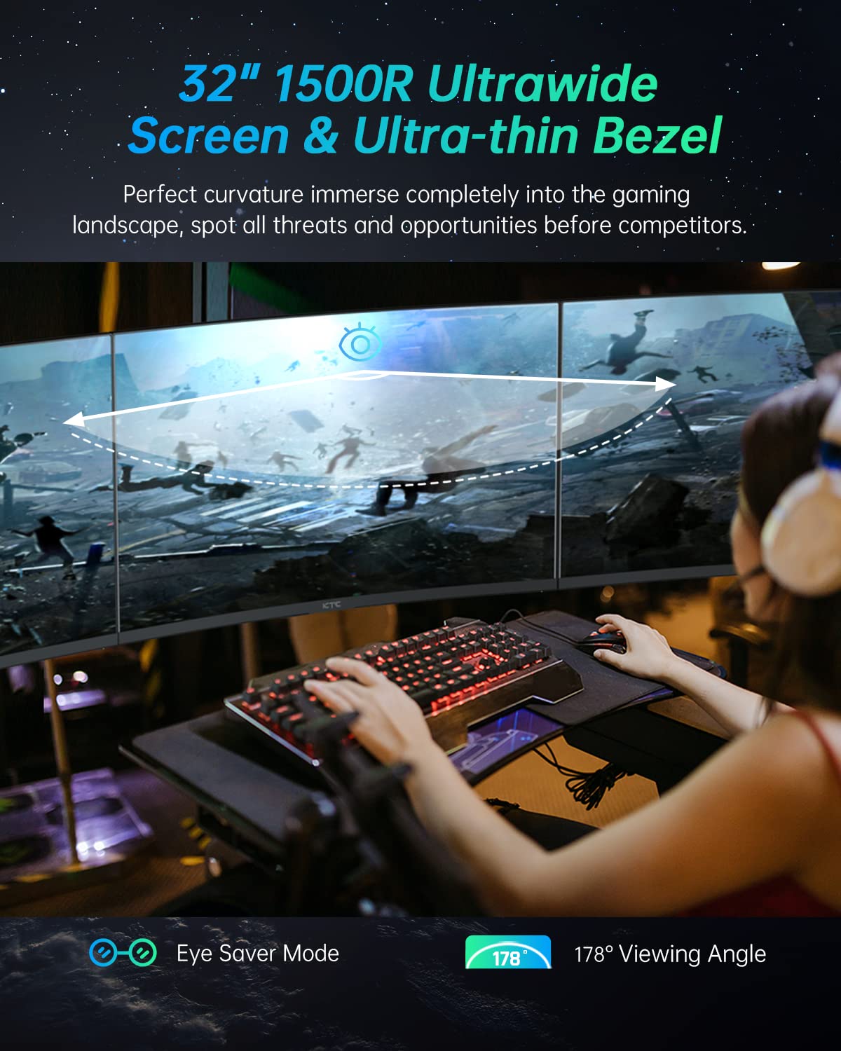 Ktc 32 Inch Curved Gaming Monitor, 2K 170Hz Monitor, 1440P 144Hz Monitor, 1500R Frameless, 1Ms, Hdr, Freesync Premium, Displaypo