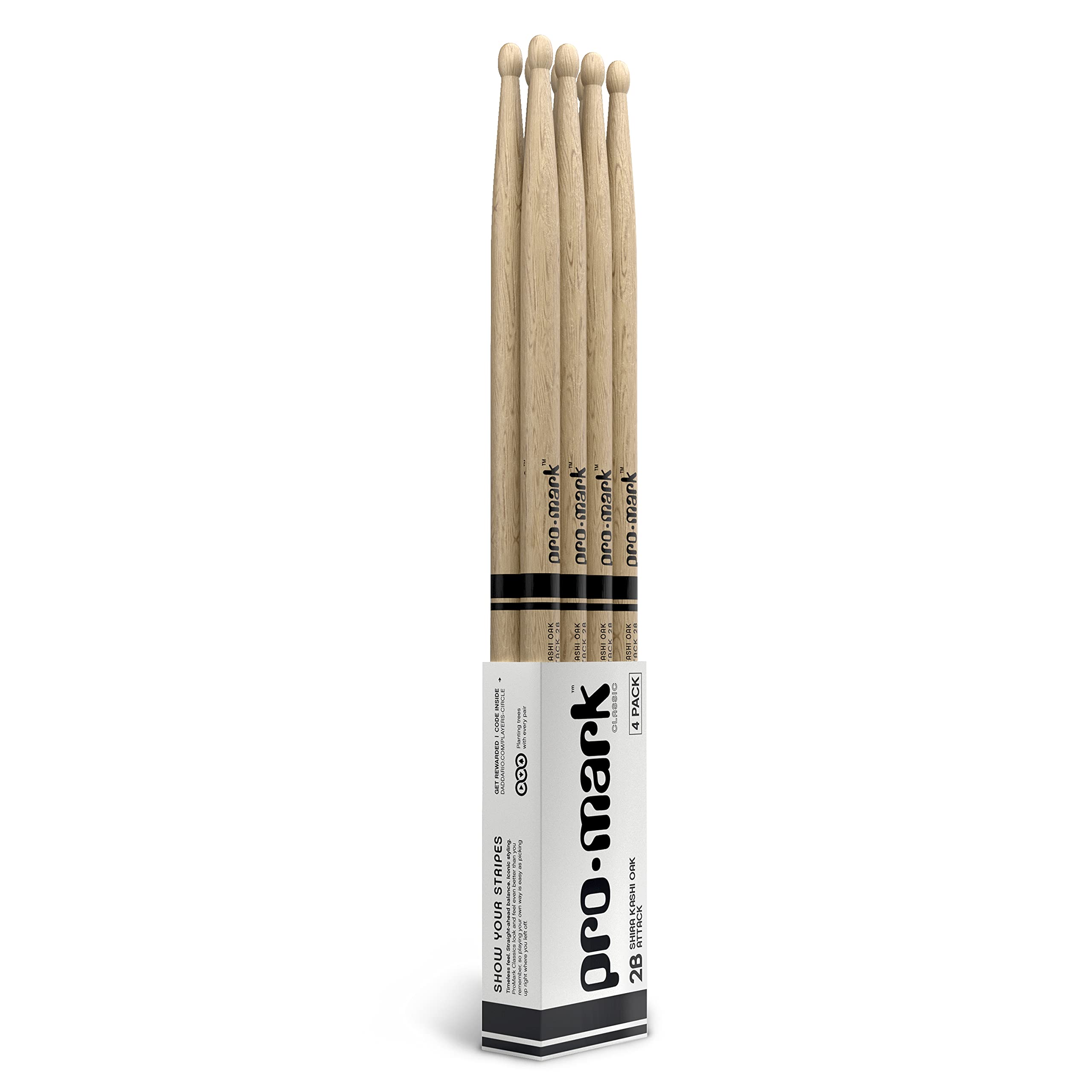 Promark Classic Attack 2B Shira Kashi Oak Drumsticks, Oval Wood Tip, Buy 3 Pairs Get 1 Free