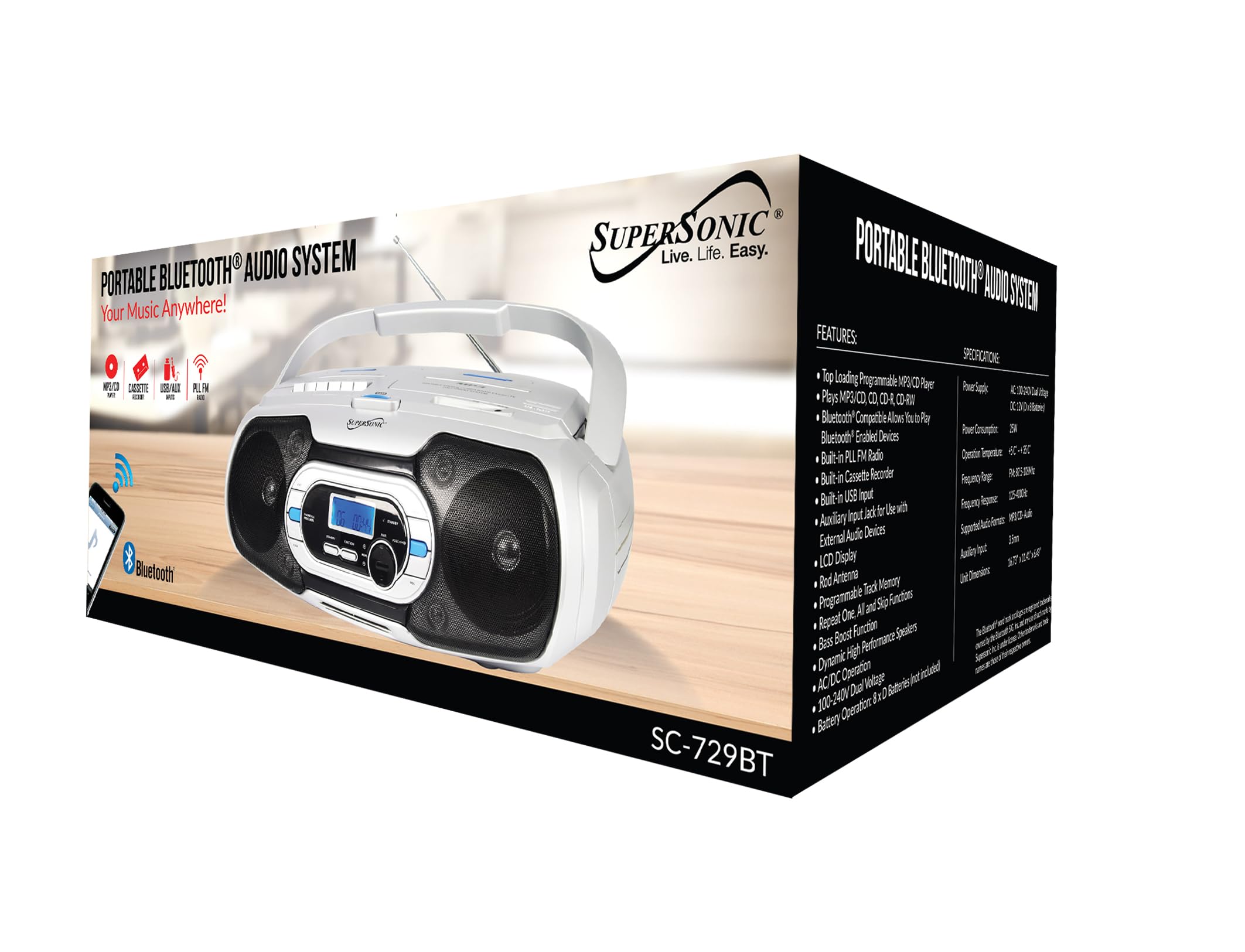 Supersonic Bluetooth Compatible Portable Mp3/Cd Cassette Fm Radio Boombox, White, Small (Sc 729Bt)