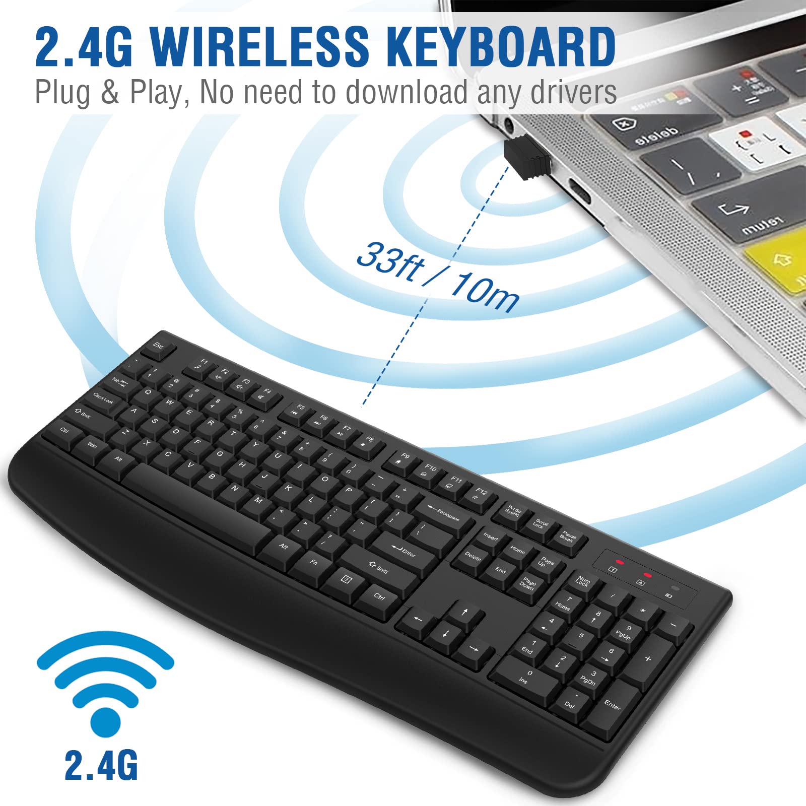 Edjo Wireless Keyboard, 2.4G Ergonomic Full Size Wireless Computer Keyboard With Wrist Rest For Windows, Mac Os Desktop/Laptop/P