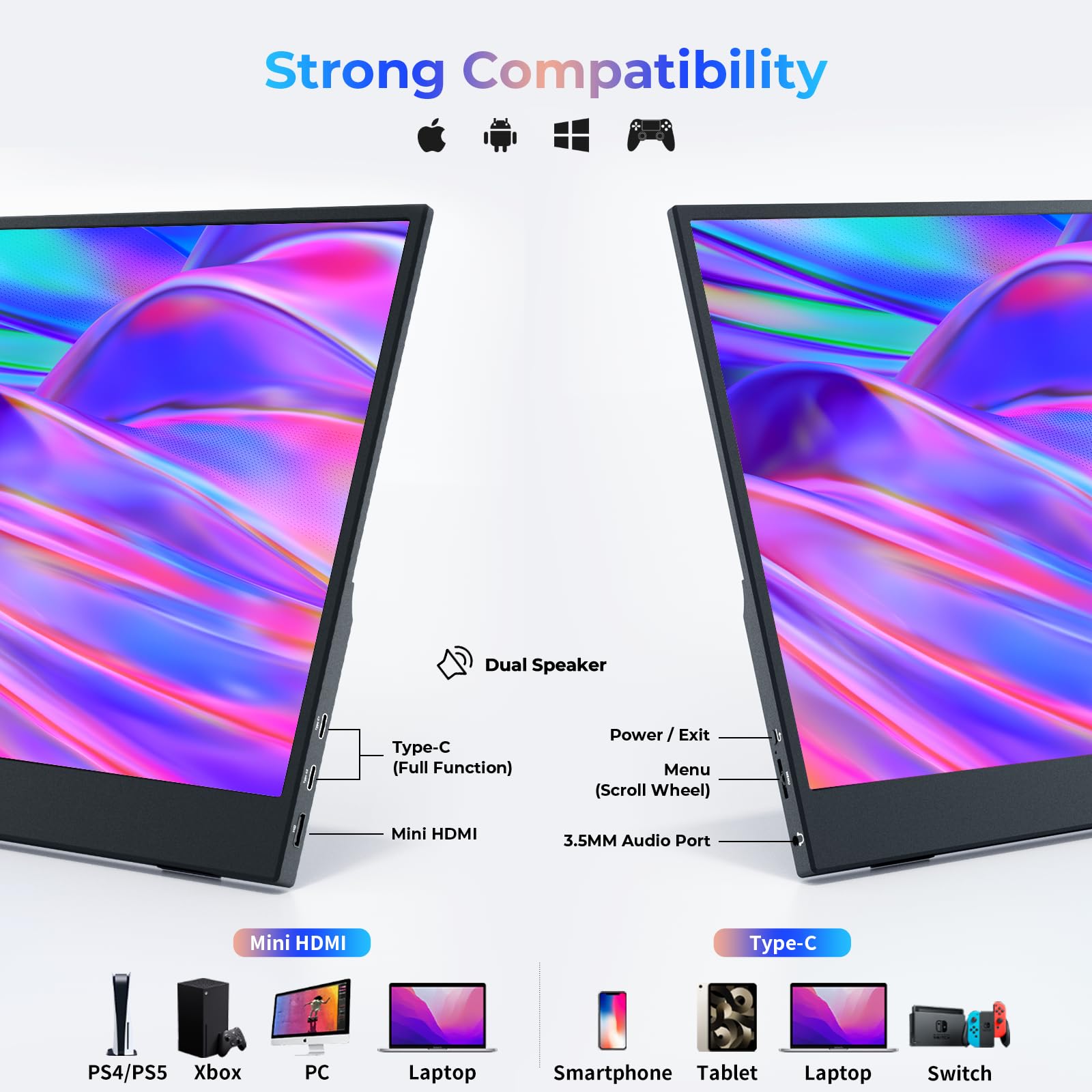 Wuawe Portable Monitor,15.6 R 1080P 72% Ntsc 98% Srgb Usb C Hdmi Travel Monitor For Laptop, External Second Computer Monitor Wit