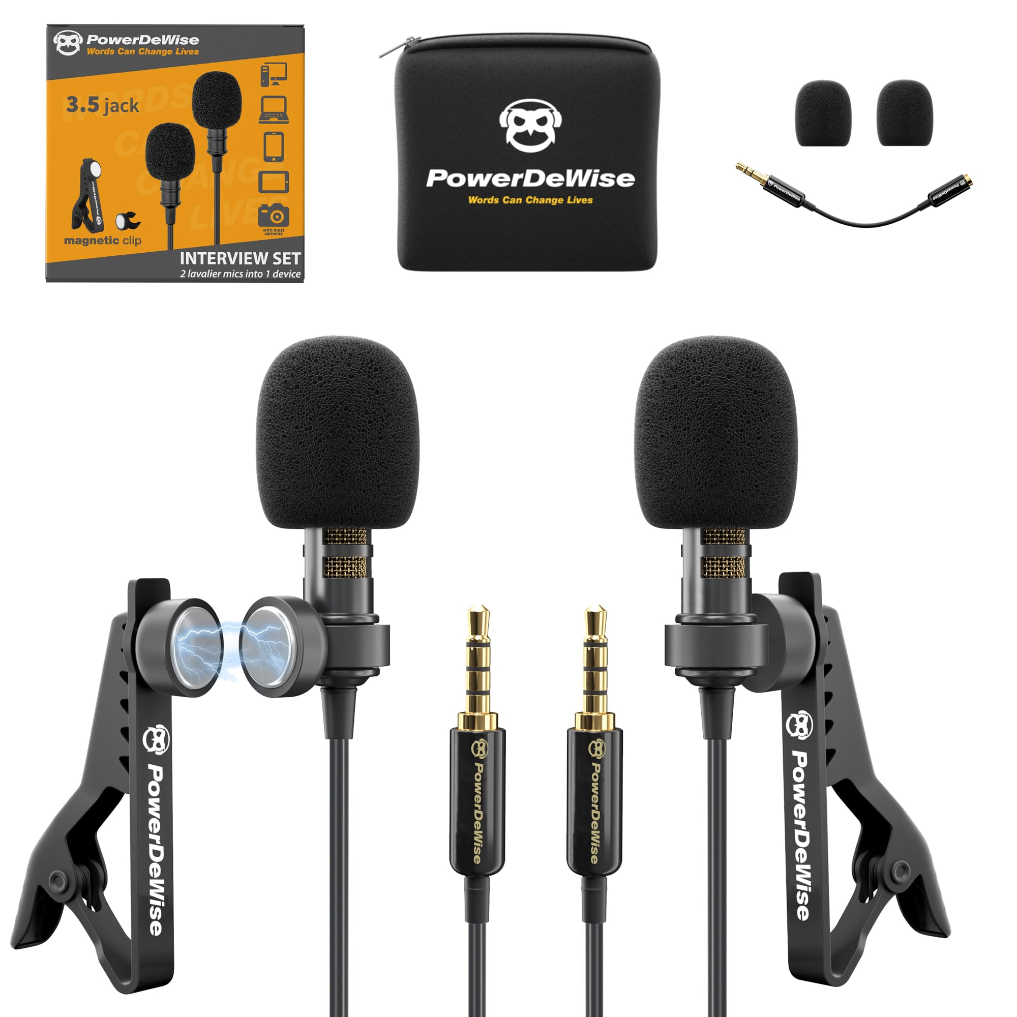 Powerdewise Professional Grade 2 Lavalier Clip On Microphones Set For Dual Interview   Double Lav Lapel Microphone   Use For Iph