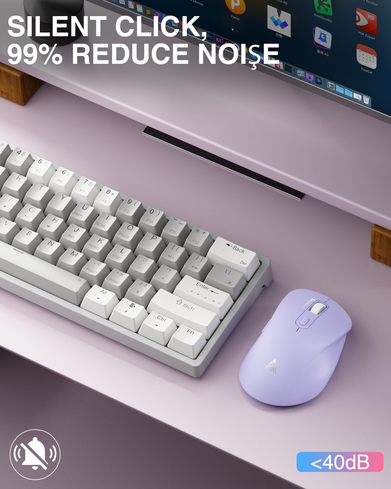 Solakaka Sm66 Purple Silent Dual Mode Wireless Mouse For Laptop, Adjustable 4800 Dpi,Rechargeable Computer Mouse For Bluetooth A
