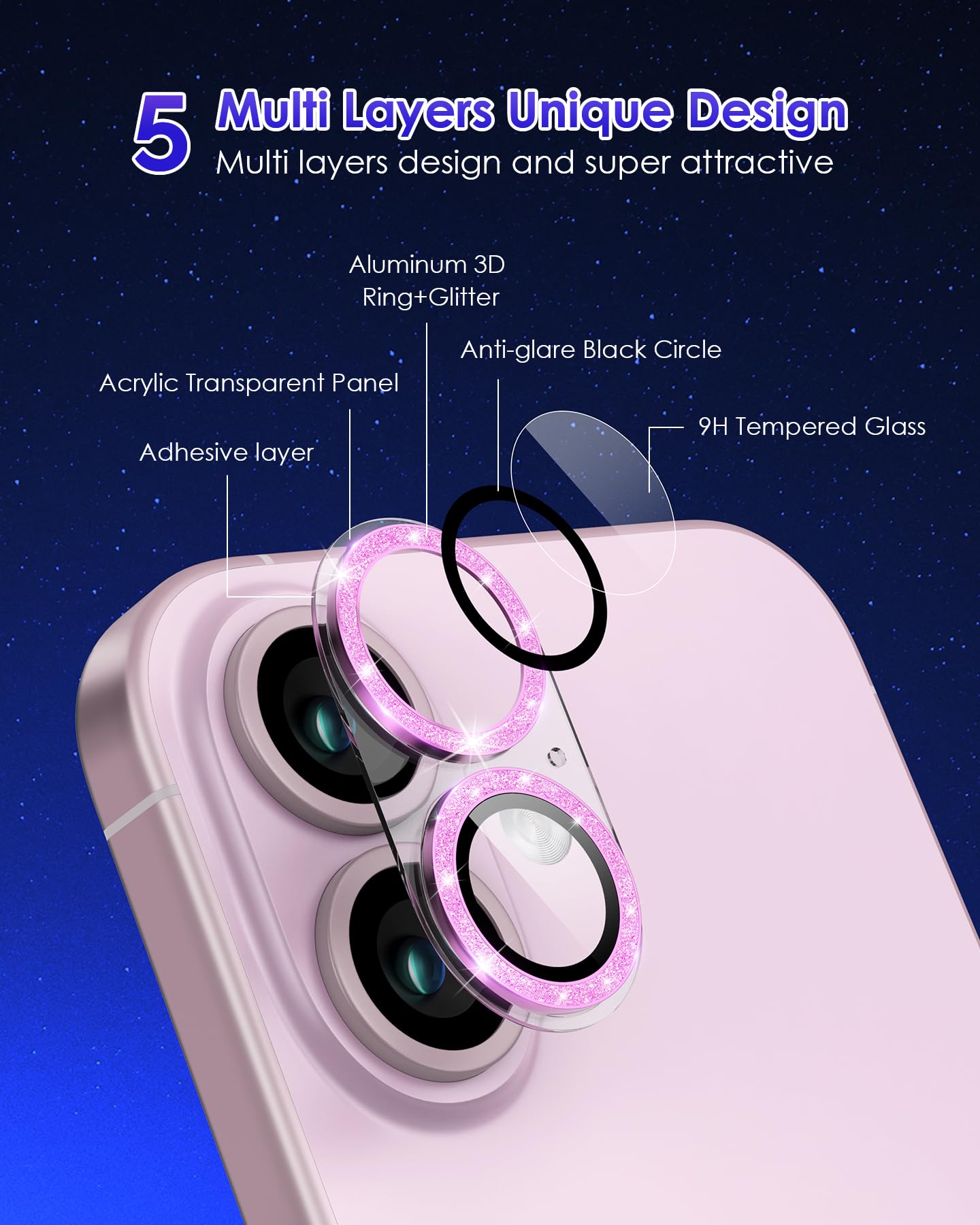 Kanosan For Iphone 16 Plus/Iphone 16 Camera Lens Protector Glitter, Clear Acrylic Plus Aluminium Alloy Ring 9H Tempered Glass Sc