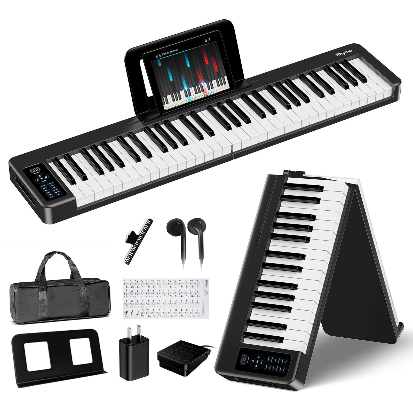 Rhymo Folding Piano Keyboard, 61 Keys Sensitive Electric Piano, Weighted Portable Electric Keyboards with Bluetooth MIDI, Digita