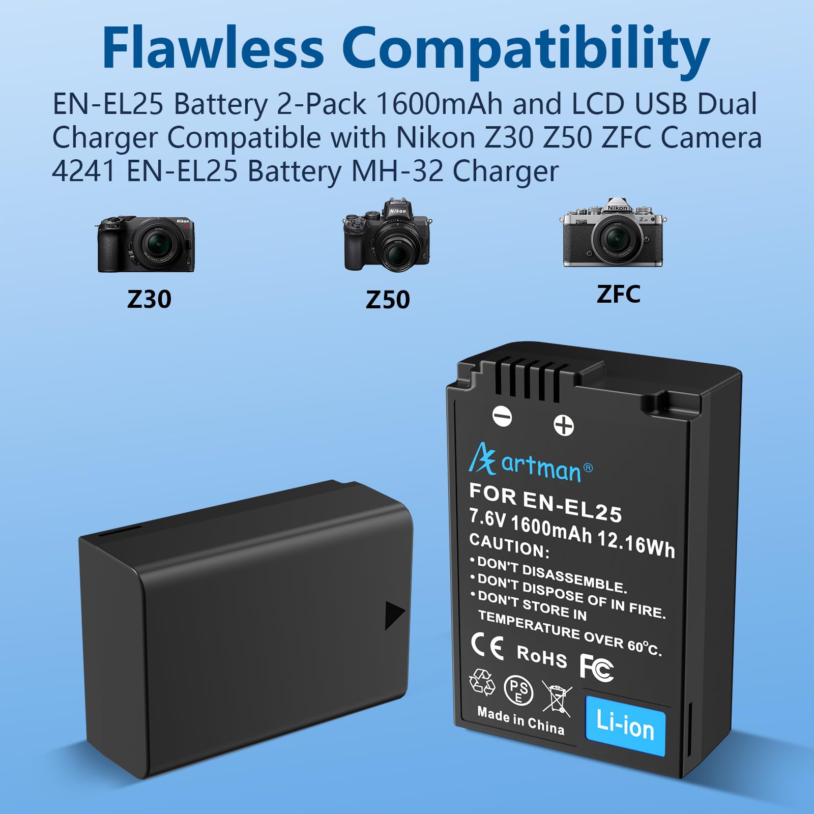 Artman En El25 En El25A Battery 2 Pack 1600Mah And Usb C Lcd Dual Charger Compatible With Nikon Z30 Z50 Zfc Camera 4241 Enel25 E