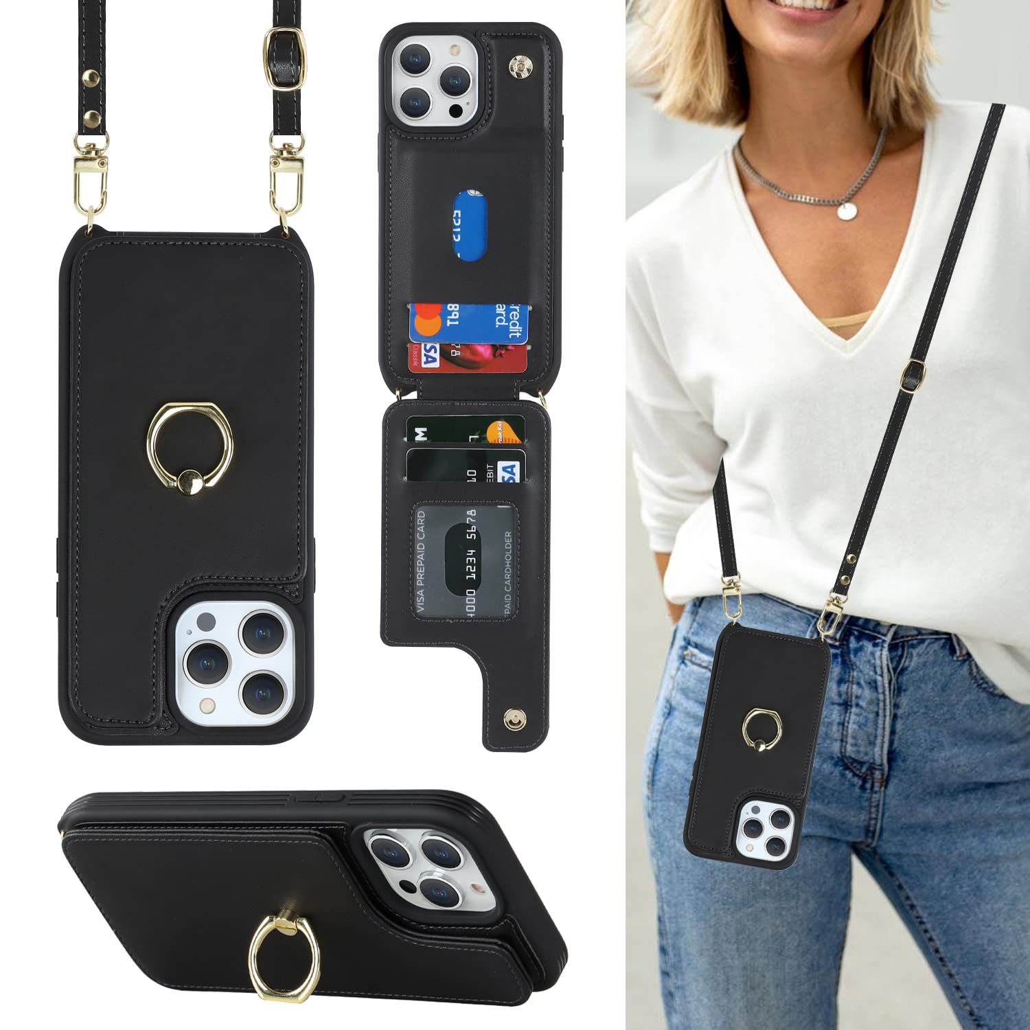 Lipvina for iPhone 15 Pro Case with Card Holder for Women,iPhone 15 Pro Phone Case with Strap,Crossbody Lanyard,Ring Stand,Snap 