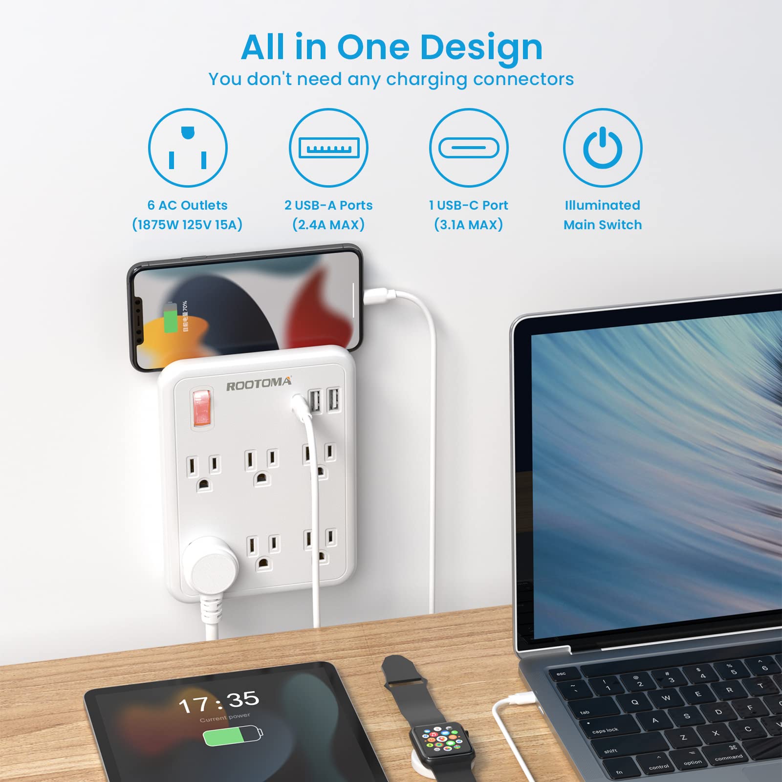 Usb Wall Outlet Extender With On Off Switch, Surge Protector Outlet,6 Ac Multi Plug Outlet With 3 Usb Ports (1 Usb C), 490 Joule