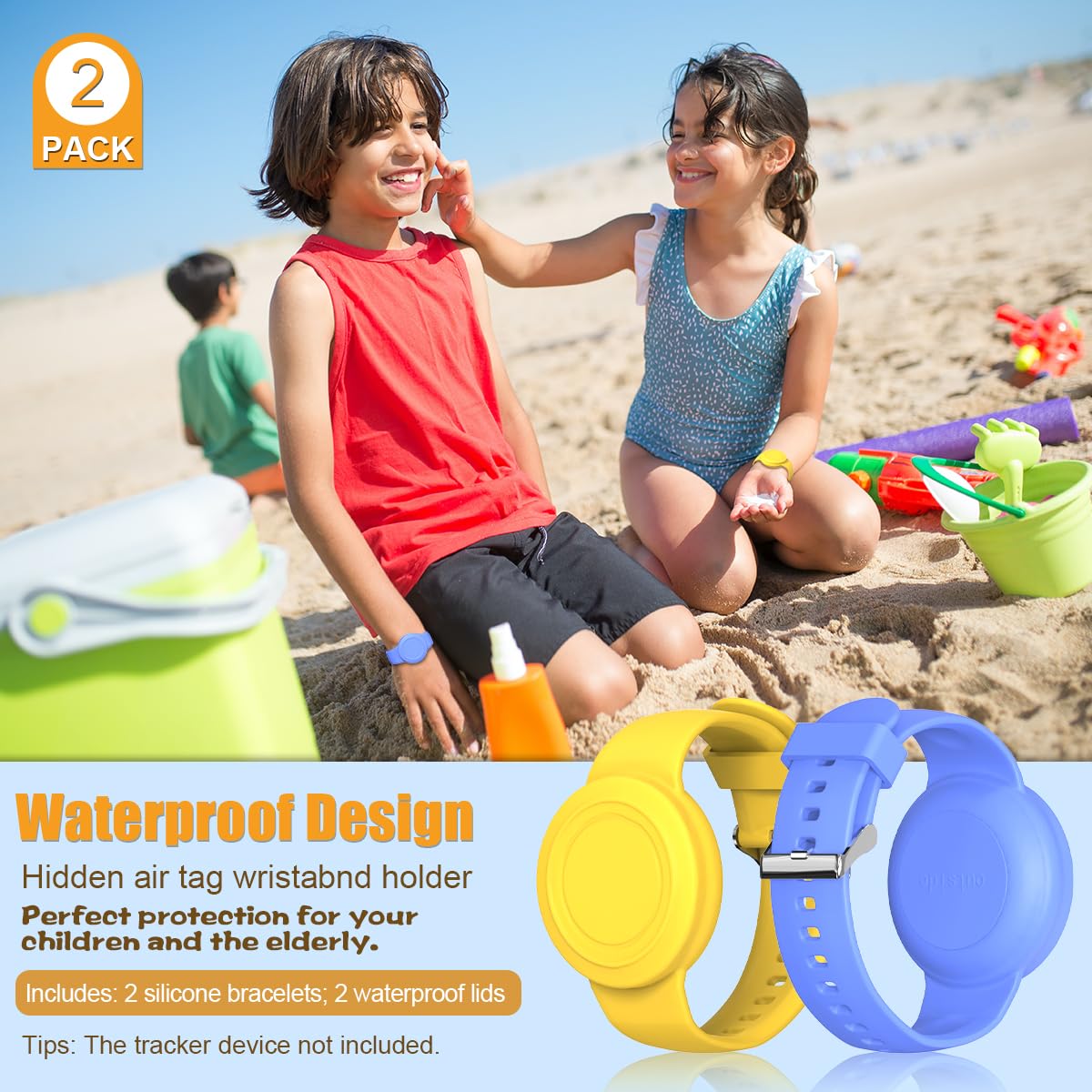 2 Pack Compatible For Airtag Bracelet Kids, Waterproof Air Tag Holder Hidden Full Coverage Design Air Tag Accessories, Soft Silicone Air Tag Case For Toddlers Childs Adults (Blue & Yellow)