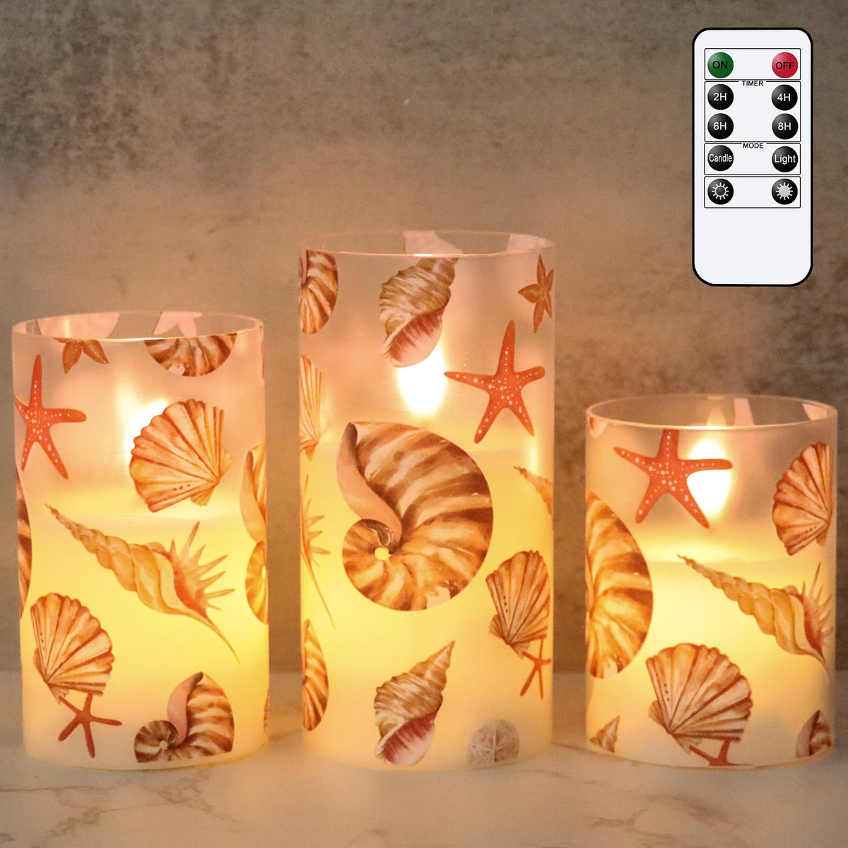 Dromance Seashell Battery Operated Flameless Flickering Candles With Remote Timer 3D Wick Flickering Glass Led Pillar Candles Di