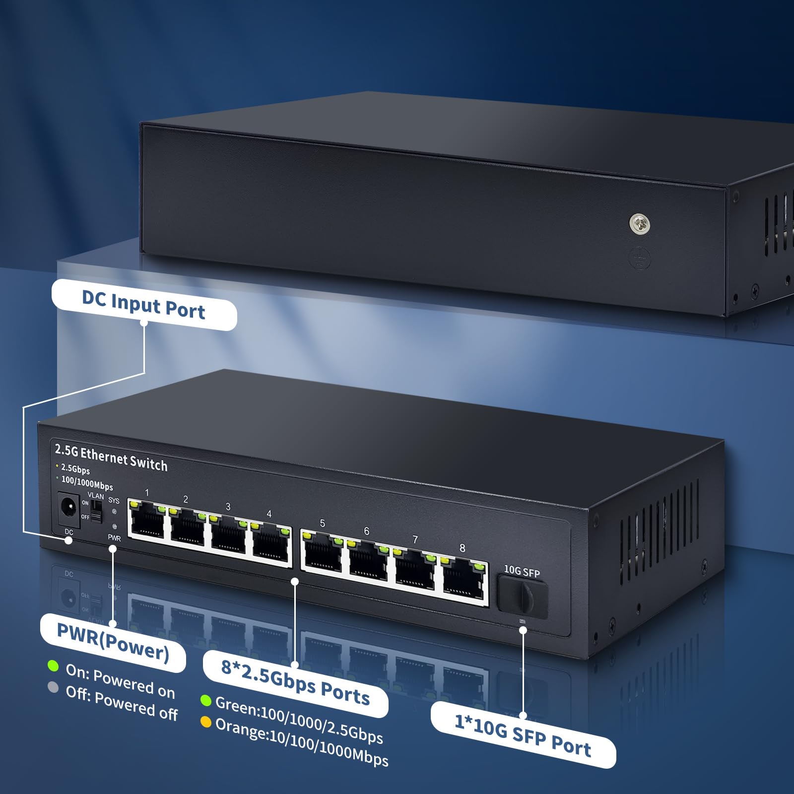 Steamemo 8 Port 2.5G Unmanaged Ethernet Switch, 8X 2.5G Base T Ports, 1X 10G Sfp, 60Gbps Switching Capacity, Compatible With 100