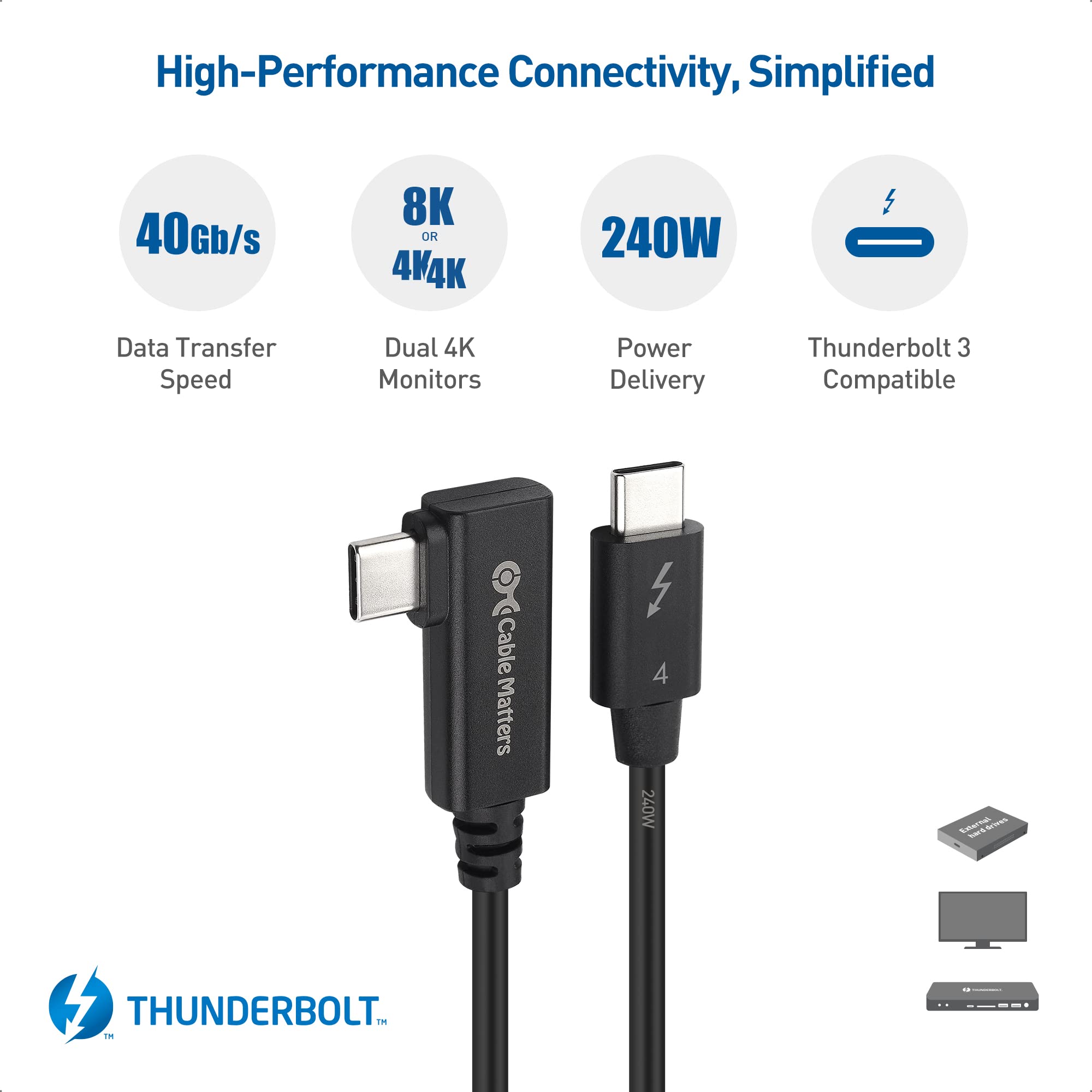 Cable Matters 40Gbps Thunderbolt 4 Cable 2.6ft - Right Angle, 8K Video, 240W Charging, USB-C/Thunderbolt 3 Compatible, Black