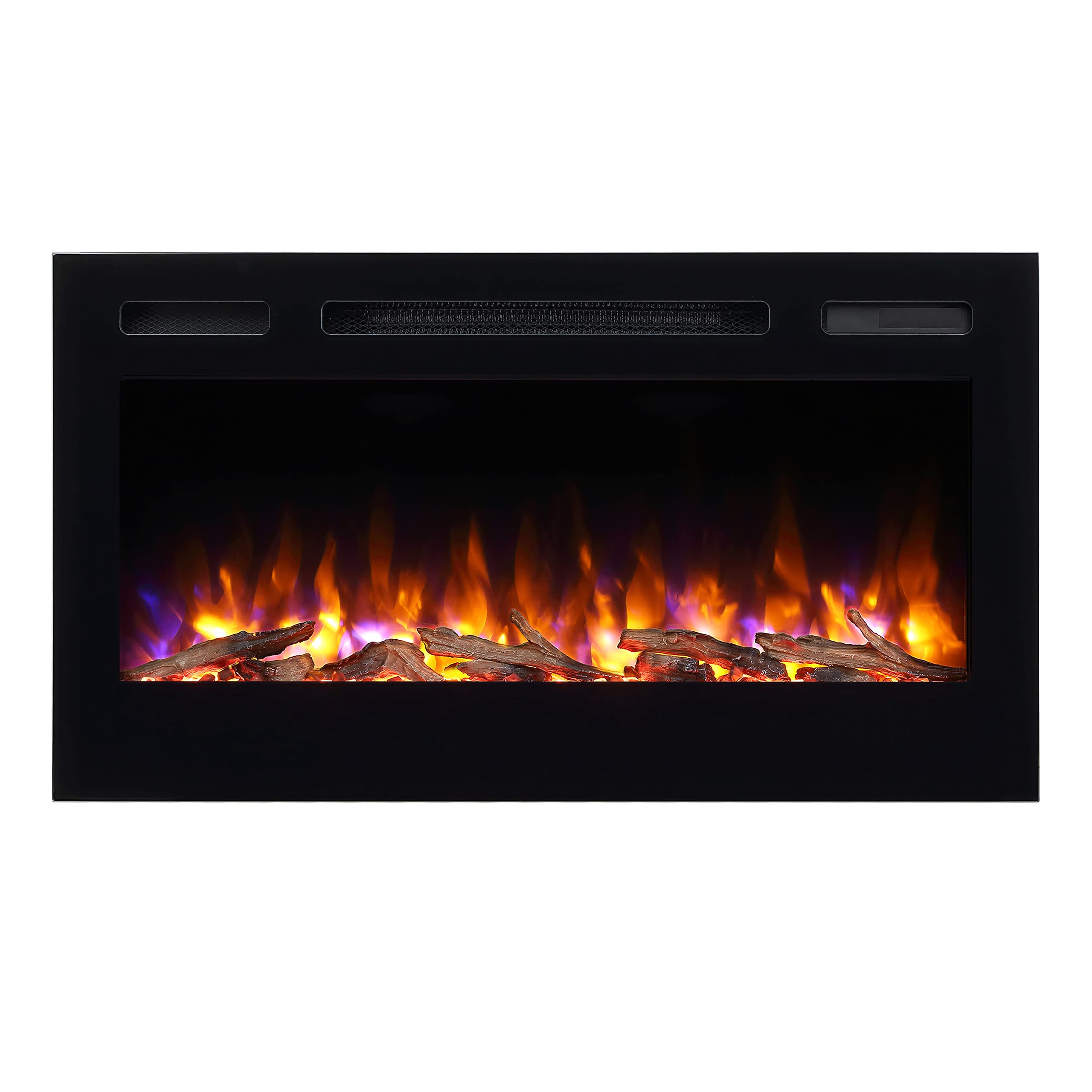 Puraflame Alice 36 Inches Recessed Electric Fireplace, Flush Mounted For 2 X 6 Stud, Log Set & Crystal, 1500W Heater, Black