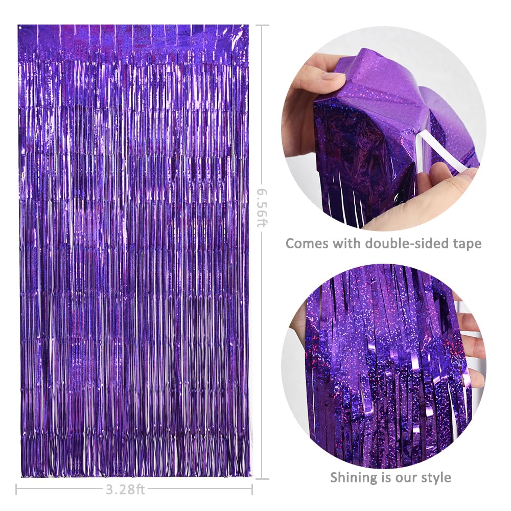 Toniful 3Pcs Laser Purple Door Streamers,Laser Purple Photo Booth Backdrop Metallic Streamers Laser Purple Foil Fringe Curtains
