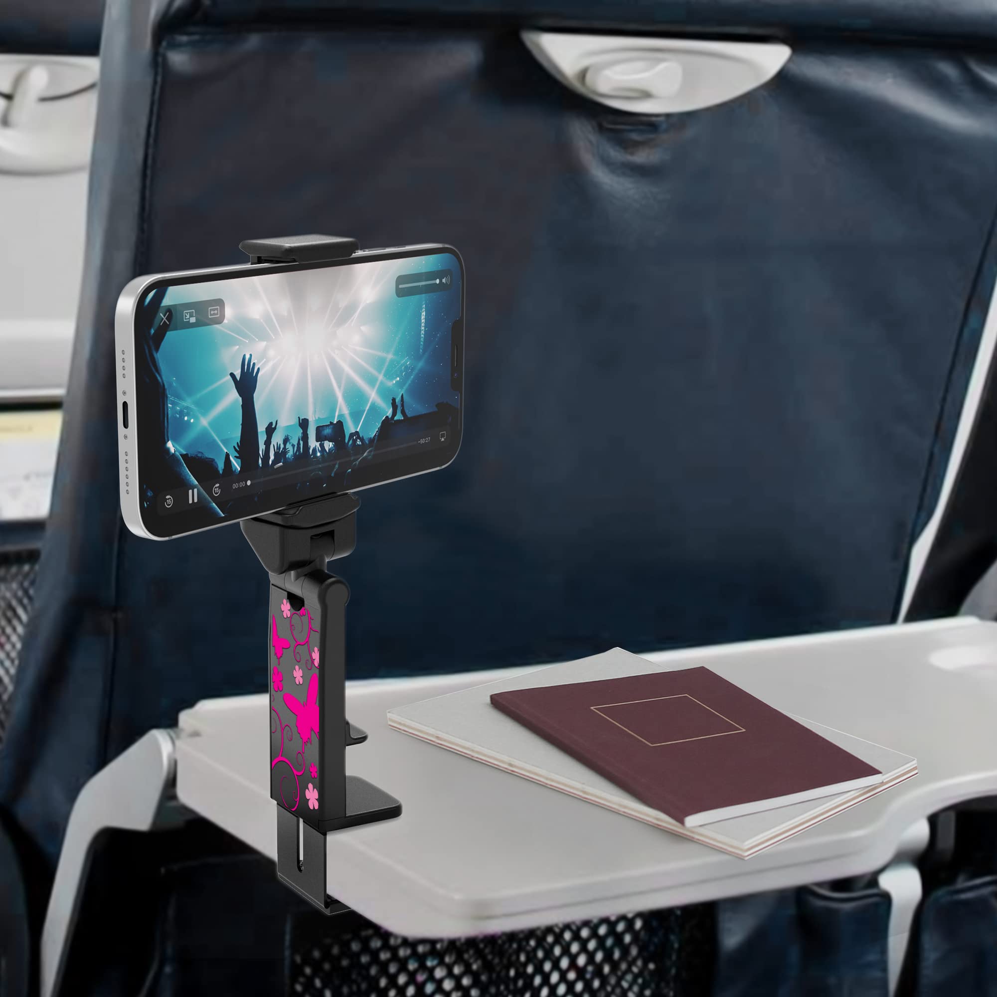 Beyond Cell Travel Accessories, Universal Seat Back Tray Table Hands Free Phone Clip Holder, Adjustable Pocket Size Airplane Tra