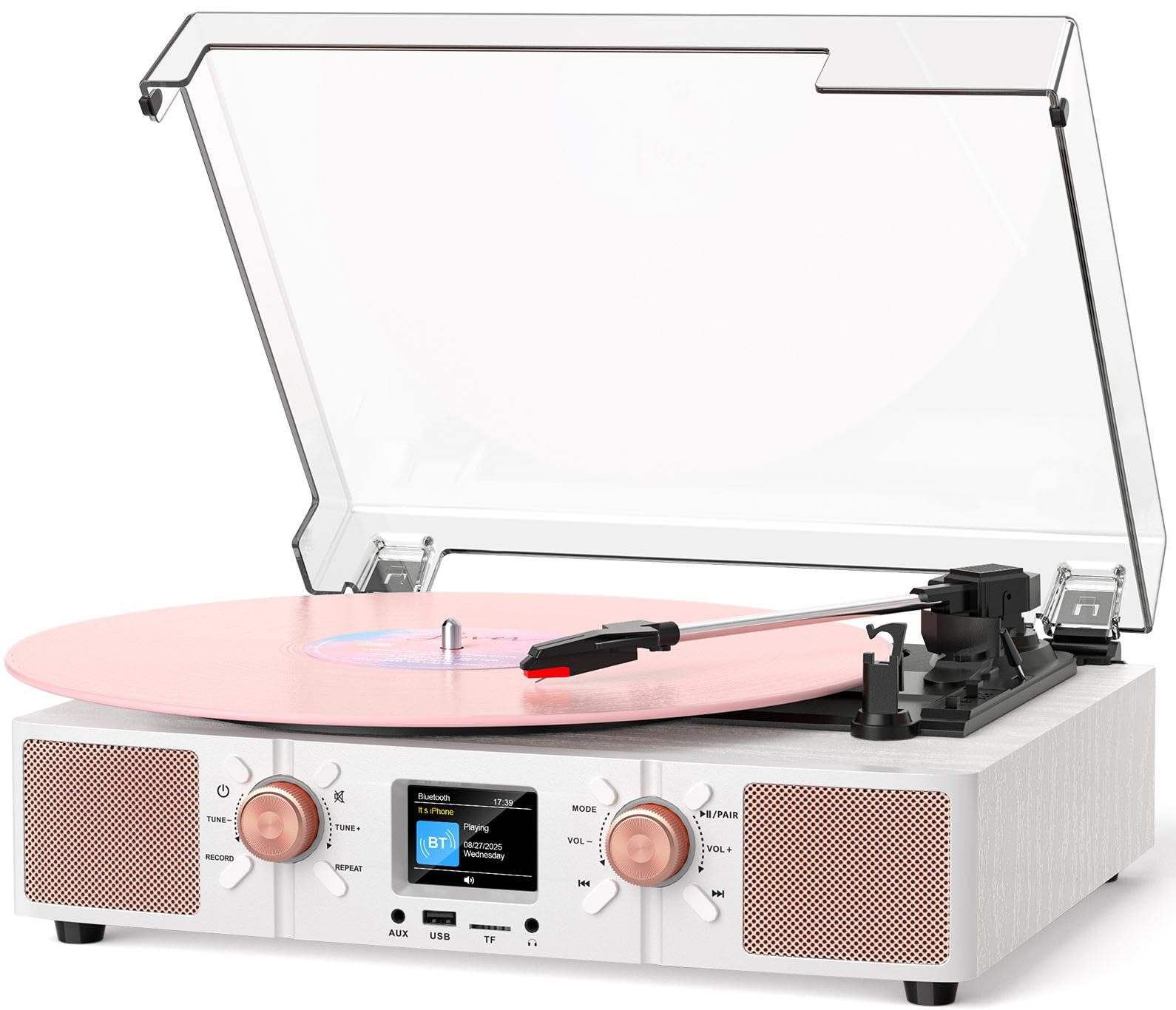 Vinyl Record Player with Built-in Speakers, Vintage 3-Speed Bluetooth Turntable with USB Playback, LCD Display, Clock, RCA/Headp