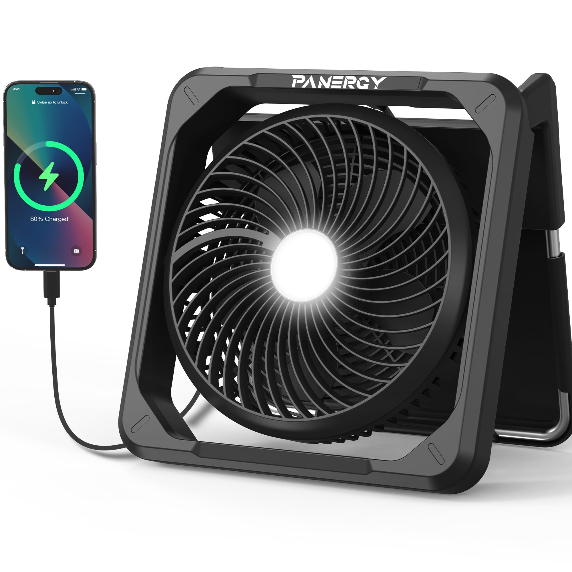 PANERGY Solar Fan with Lantern for Camping, Rechargeable Battery Powered Fan(21H cooling/67H lighting), Detachable Solar Panel, 