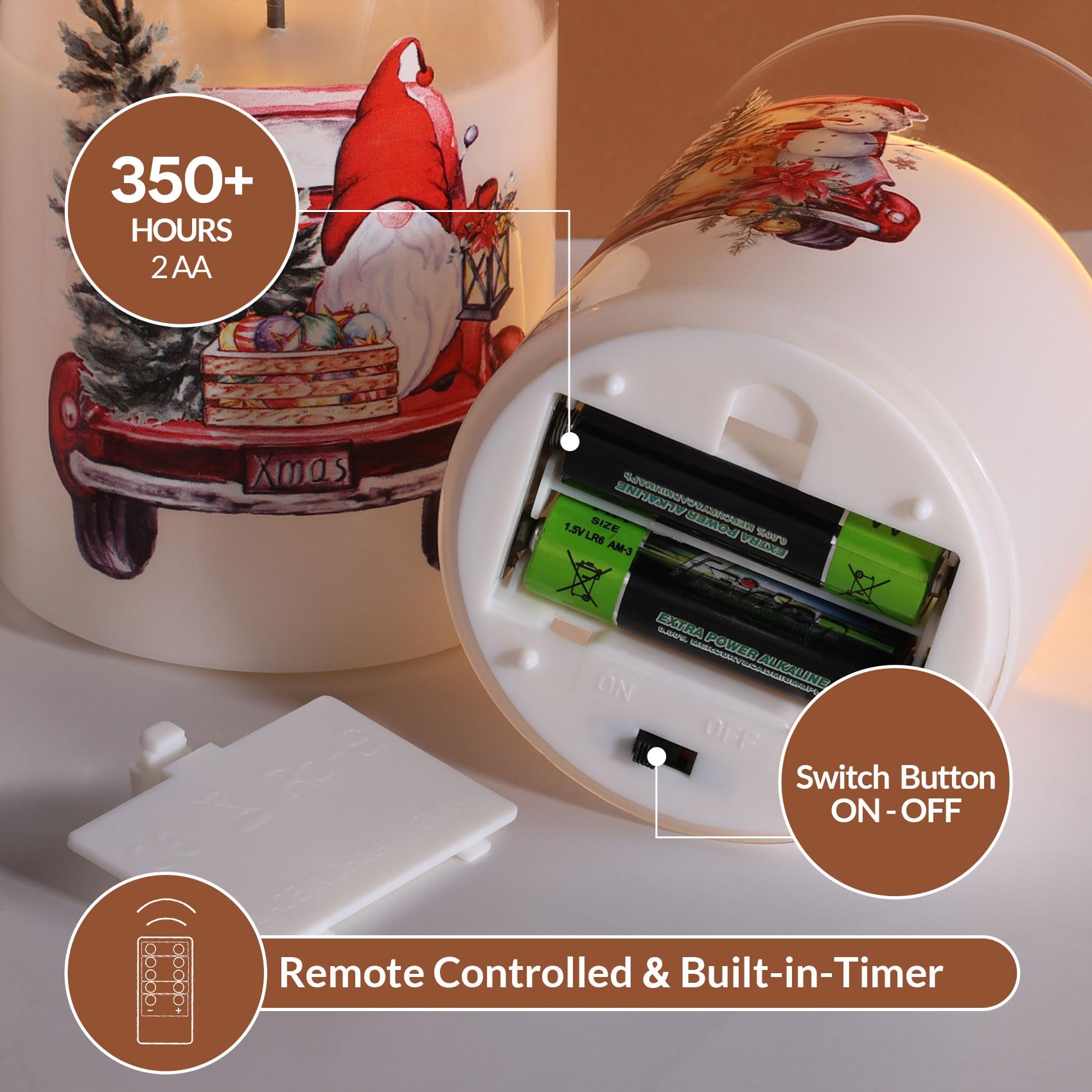 Eywamage Glass Christmas Flameless Candles With Remote, Red Truck Tree Battery Operated Led Pillar Candles Set Of 3