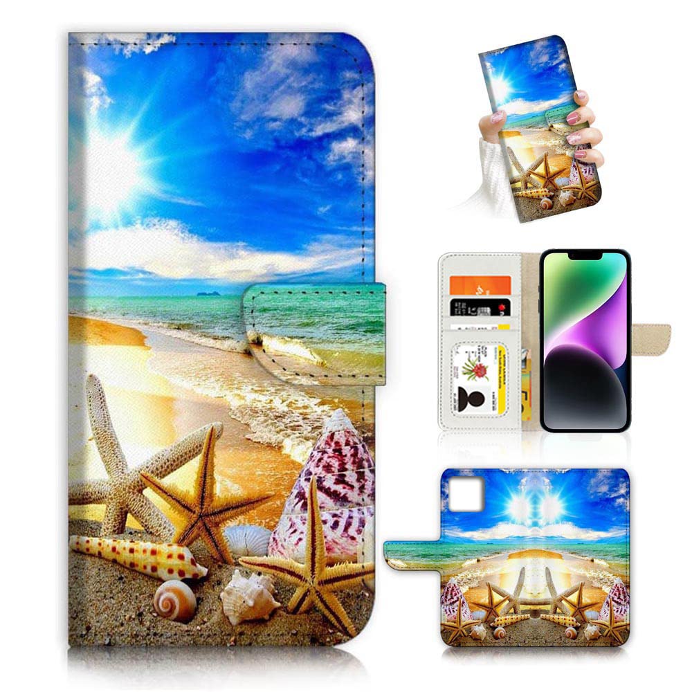 Ajourtek For Iphone 14 Art Designed Flip Wallet Style Cover Case Fancy Flower Full Body Protection Ad003 (#24883 Beach Blue Sky)