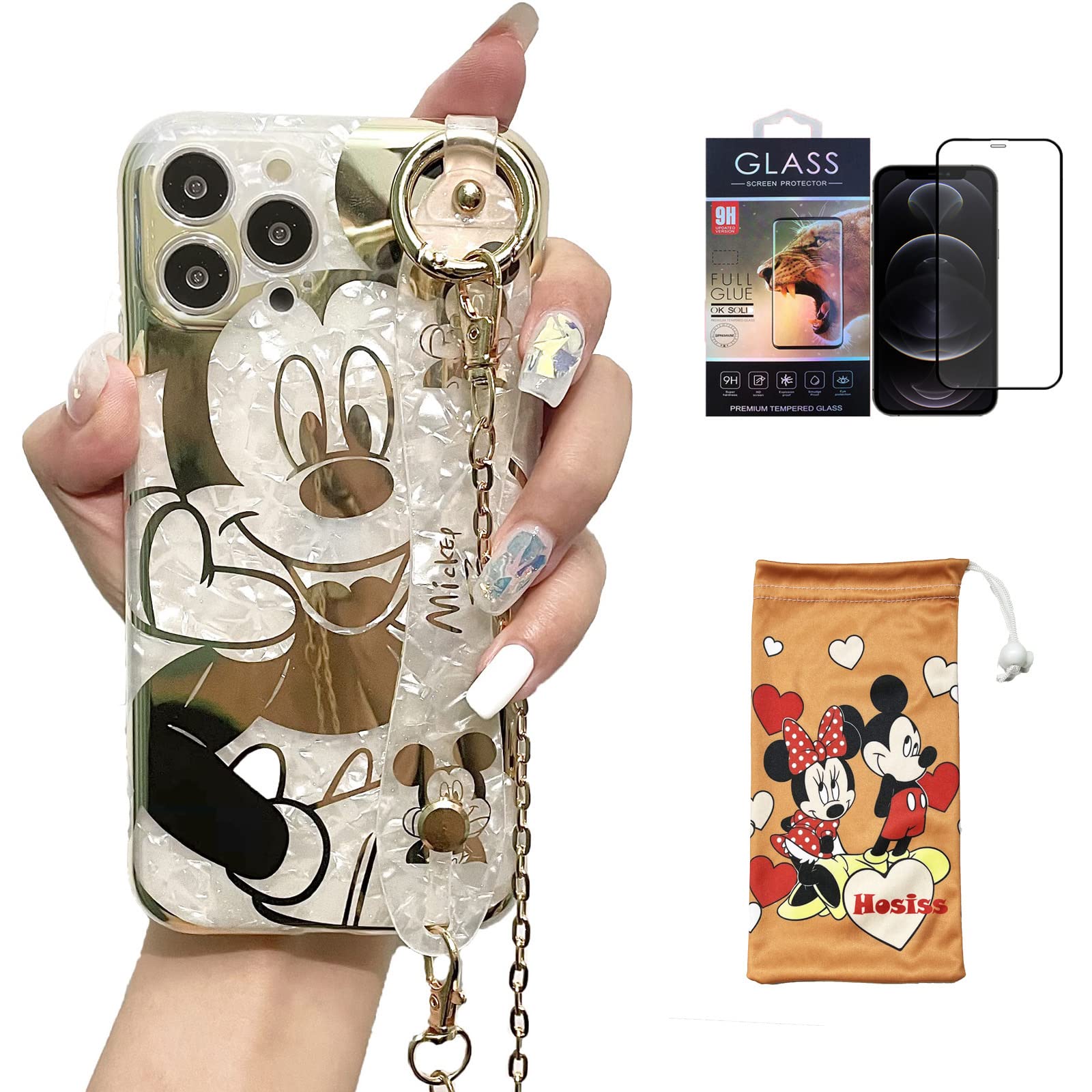 Hosiss Cartoon Case For Iphone 13 Pro 6.1 '' With Hd Screen Protector, Mickey Mouse With Wrist Strap Kickstand Metal Chain Strap