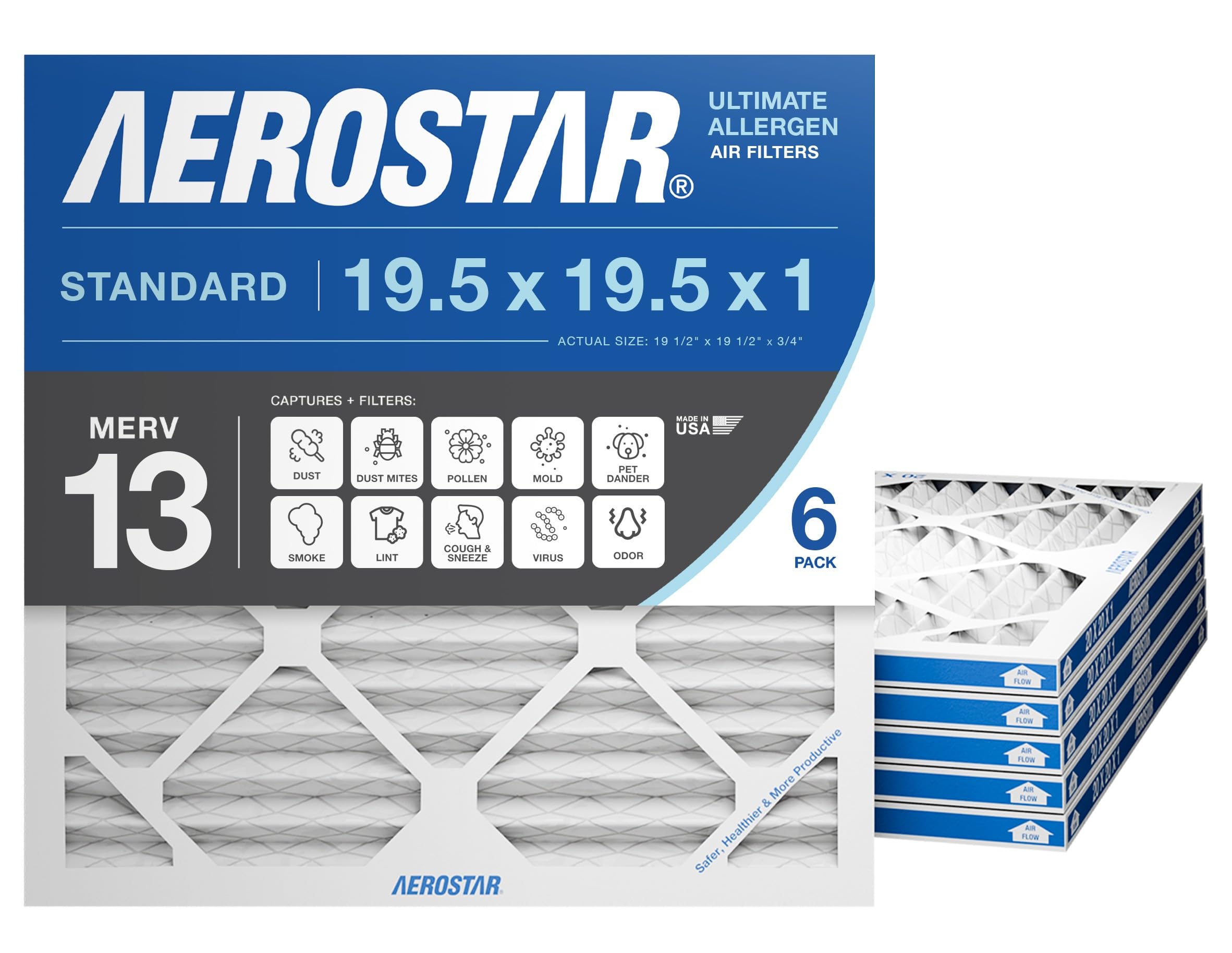 Aerostar 19 1/2x19 1/2x1 MERV 13 Pleated Air Filter, AC Furnace Air Filter, 6 Pack (Actual Size: 19 1/2 x 19 1/2 x 3/4)