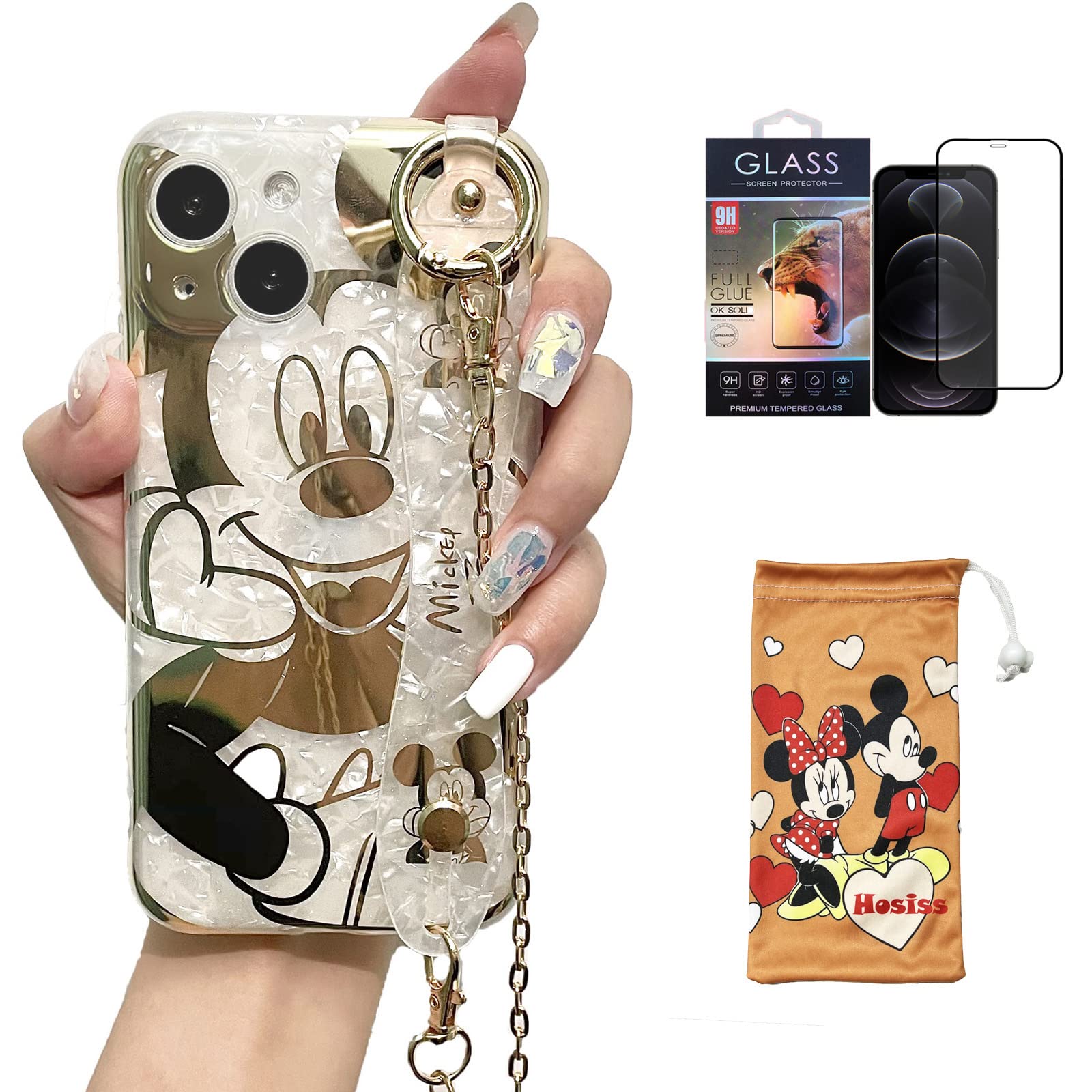 Hosiss Cartoon Case For Iphone 14 6.1 '' With Hd Screen Protector, Mickey Mouse With Wrist Strap Kickstand Metal Chain Strap Sof