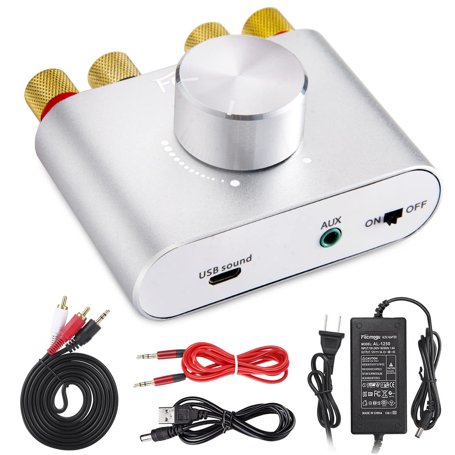 Facmogu F900S 160W Bluetooth 5.0 Mini Amplifier, 80Wx2 2.0Ch Audio Power Amplifier, Hi Fi Stereo Sound Digital Amp Wireless Speaker Amp Receiver W/Aux/Usb/Bt Input & 12V 5A Power Adapter   Silver