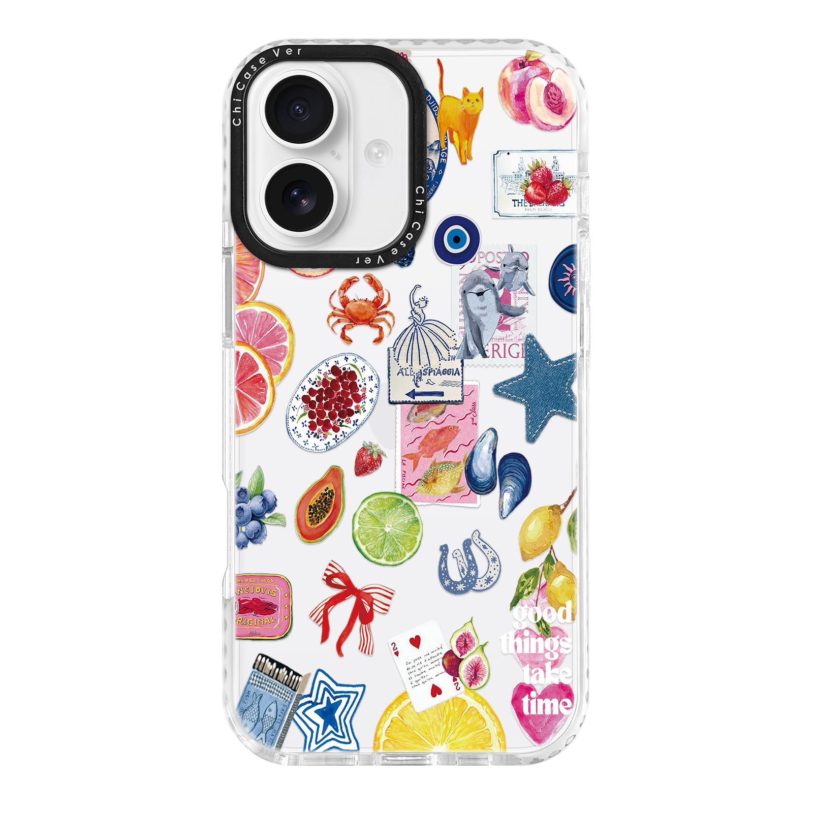 ChiCaseVer for iPhone 16 Case, Coastal Fruit Collage Pattern with Lucky Charms, Military-Grade Drop Protection, Boho Y2K Soft Sl