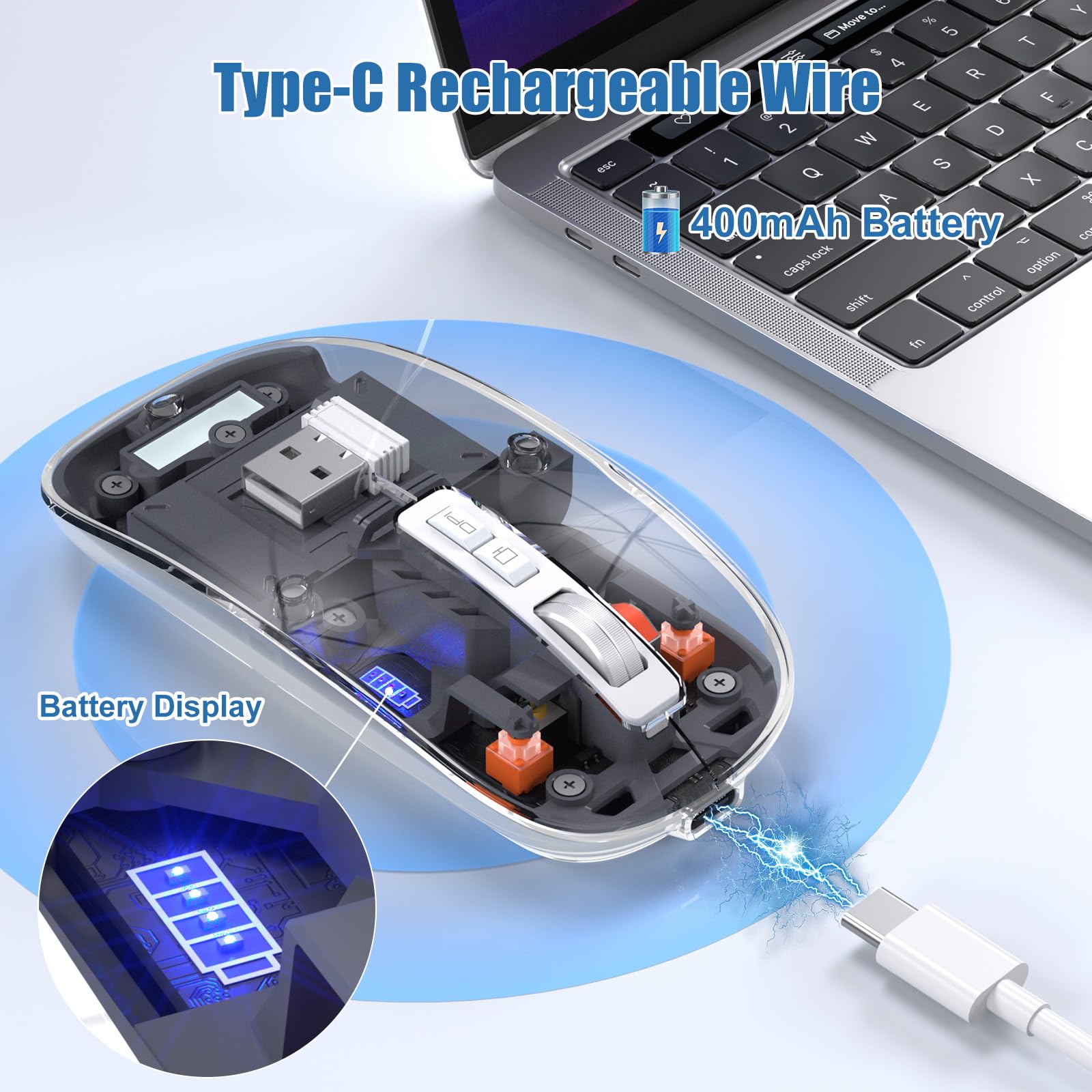 Okimo ?Upgrade? Led Wireless Mouse, Slim Silent Mouse 2.4G Portable Mobile Optical Office Mouse With Usb & Type C Receiver, 3 Adjustable Dpi Levels For Notebook, Pc, Laptop, Computer, Macbook (Clear)