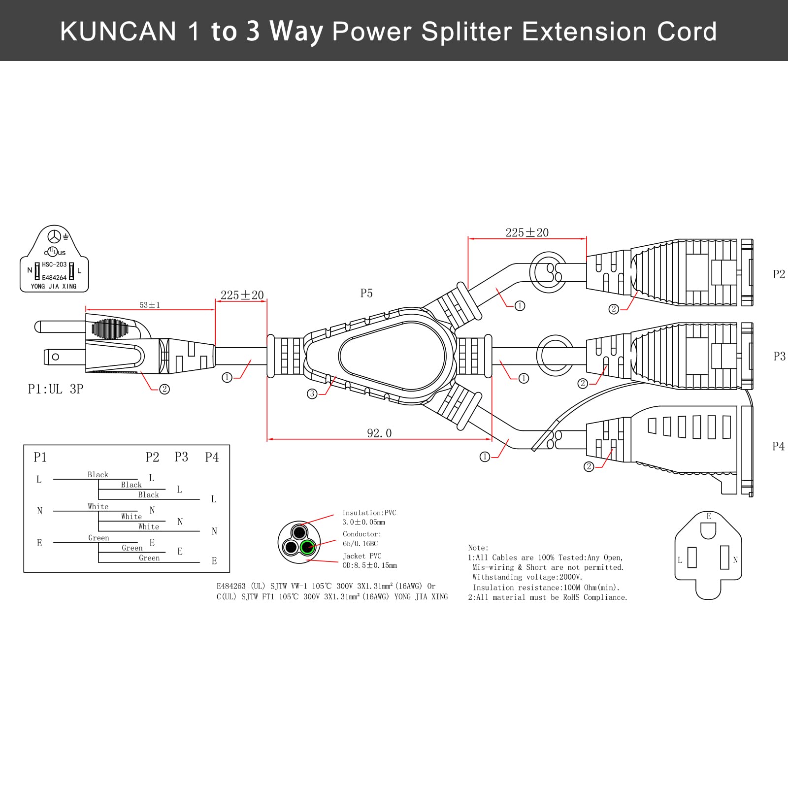 Kuncan 3 Outlet Power Splitter Cord, 1 To 3 Way Outlet Indoor & Outdoor Use Weatherproof Sjtw 16Awg 3 Prong Grounded Extension C