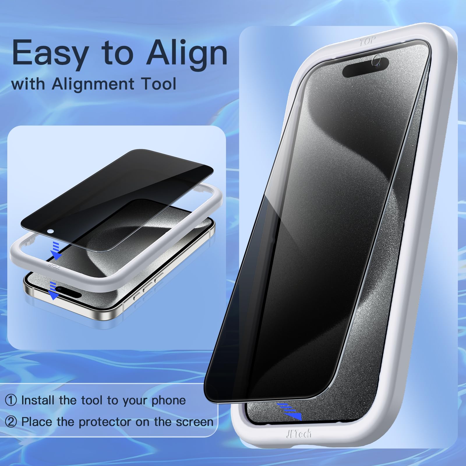 Jetech Privacy Screen Protector For Iphone 15 Pro 6.1 Inch, Anti Spy Tempered Glass Film With Easy Installation Tool, 2 Pack