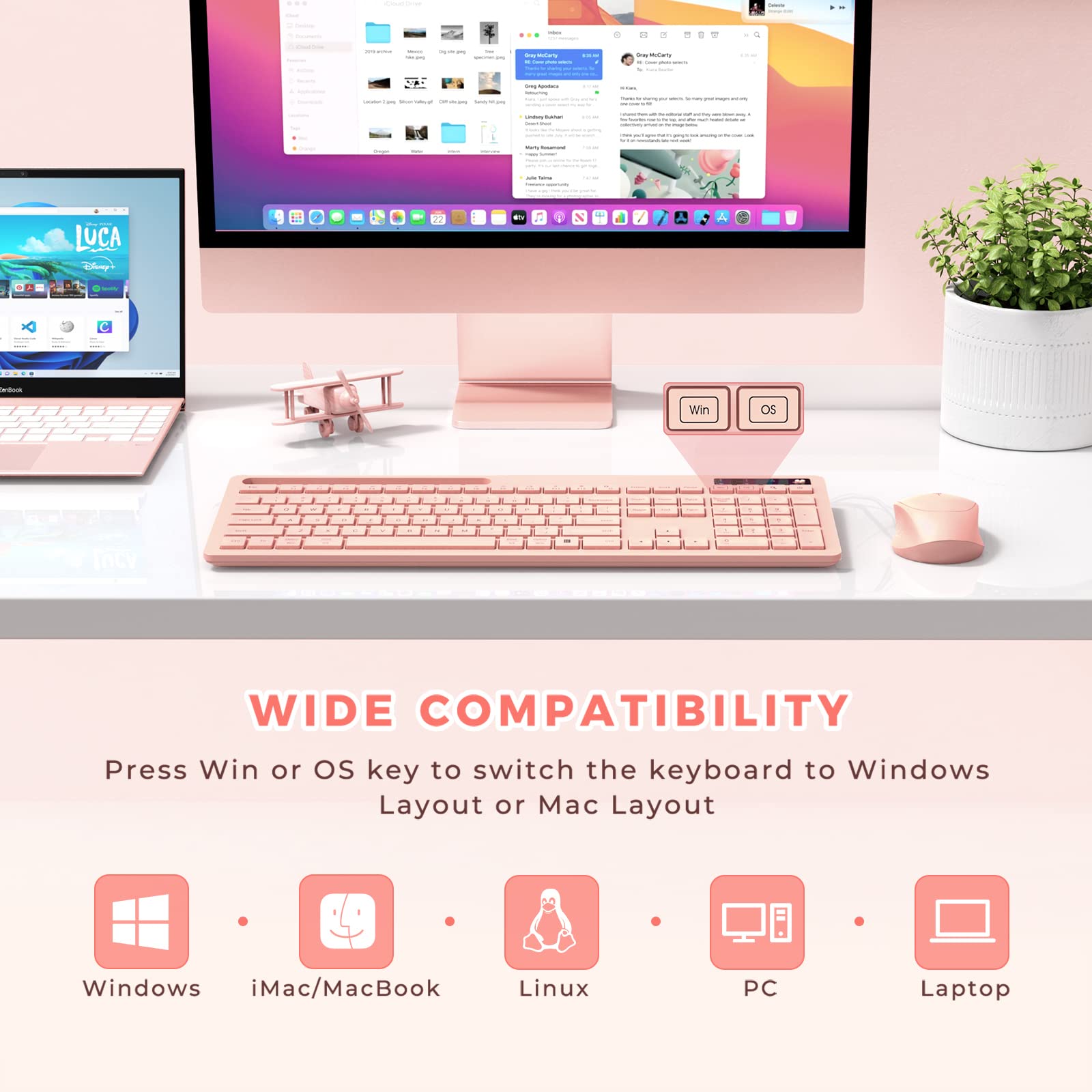 VIVEFOX Wireless Keyboard and Mouse Set, Pink, USB A & Type C, with Phone Holder for MacBook and Windows