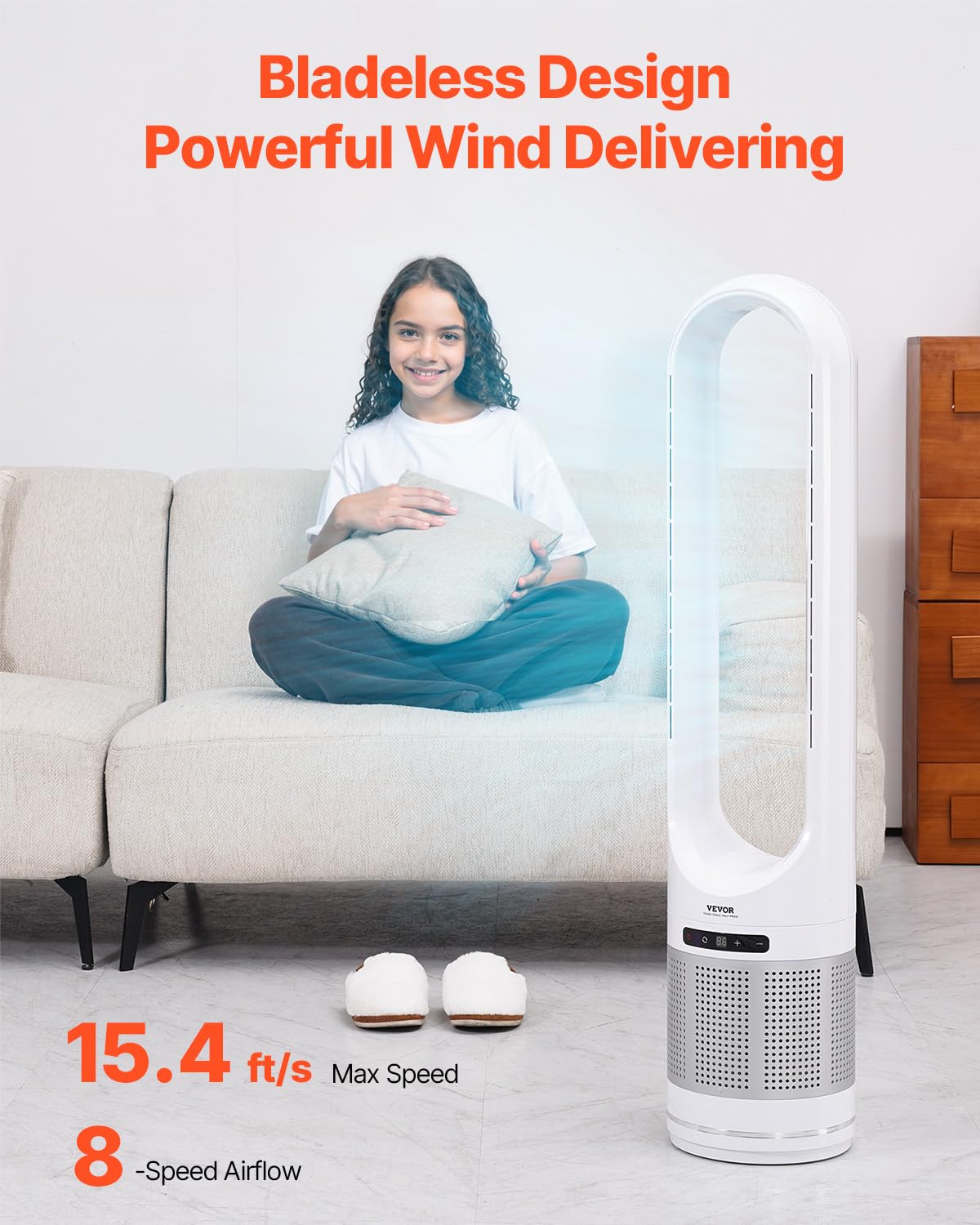Vevor Tower Fan Bladeless, 15.4Ft/S Velocity Floor Fan That Blows Cold Air, 80 Oscillating 8-Speed Fans, 8H Timer, Standing Fans