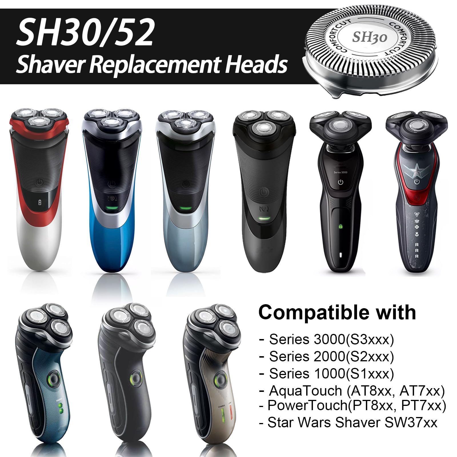 Sh30 Shaving Heads For Series 1000, 2000, 3000 And 5000X Razors, Shaver Replacement Blades With High Performance   Shave Wet And