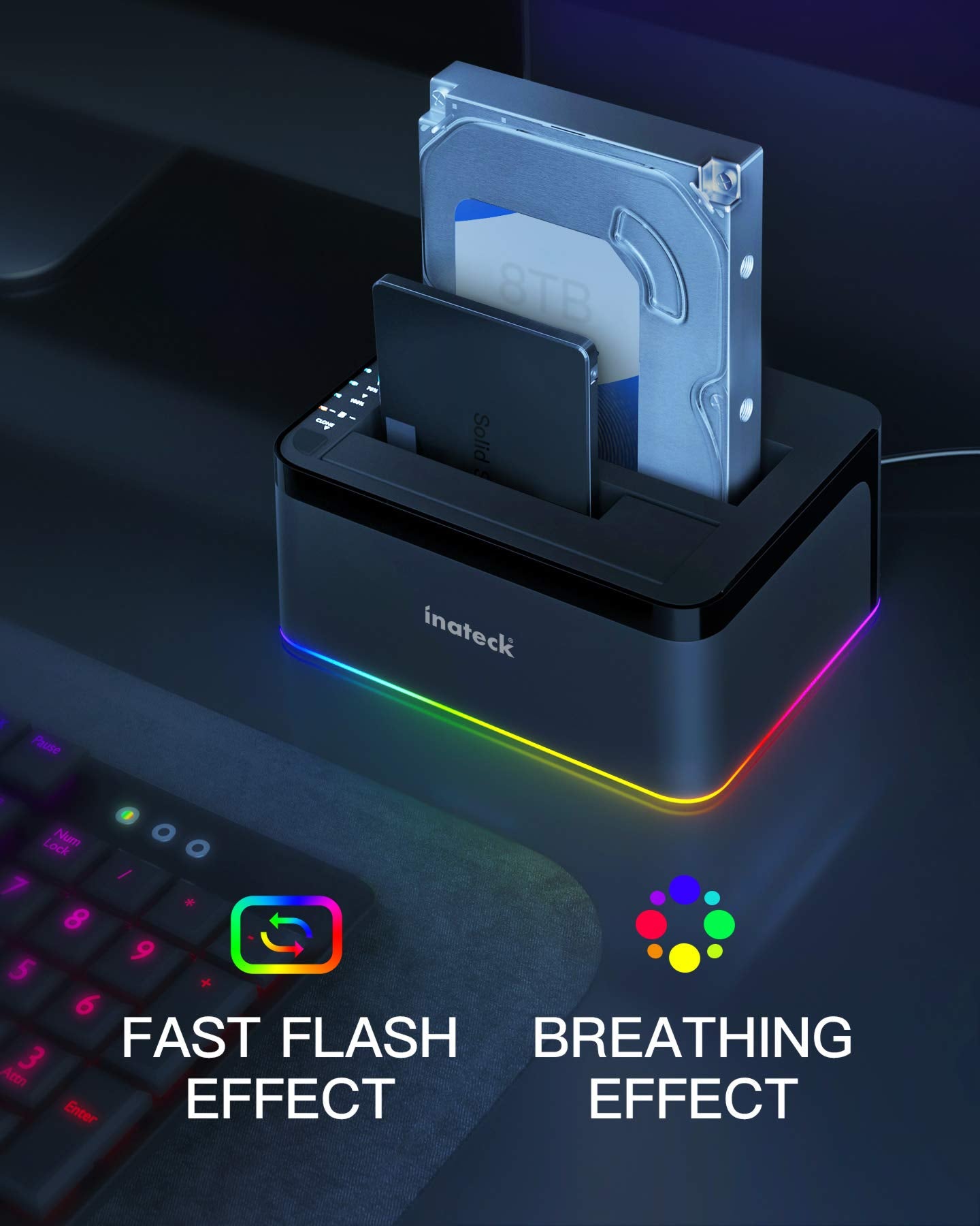 Inateck Rgb Sata To Usb 3.0 Hard Drive Docking Station With Offline Clone, For 2.5 And 3.5 Inch Hdds And Ssds, Uasp Supported, B