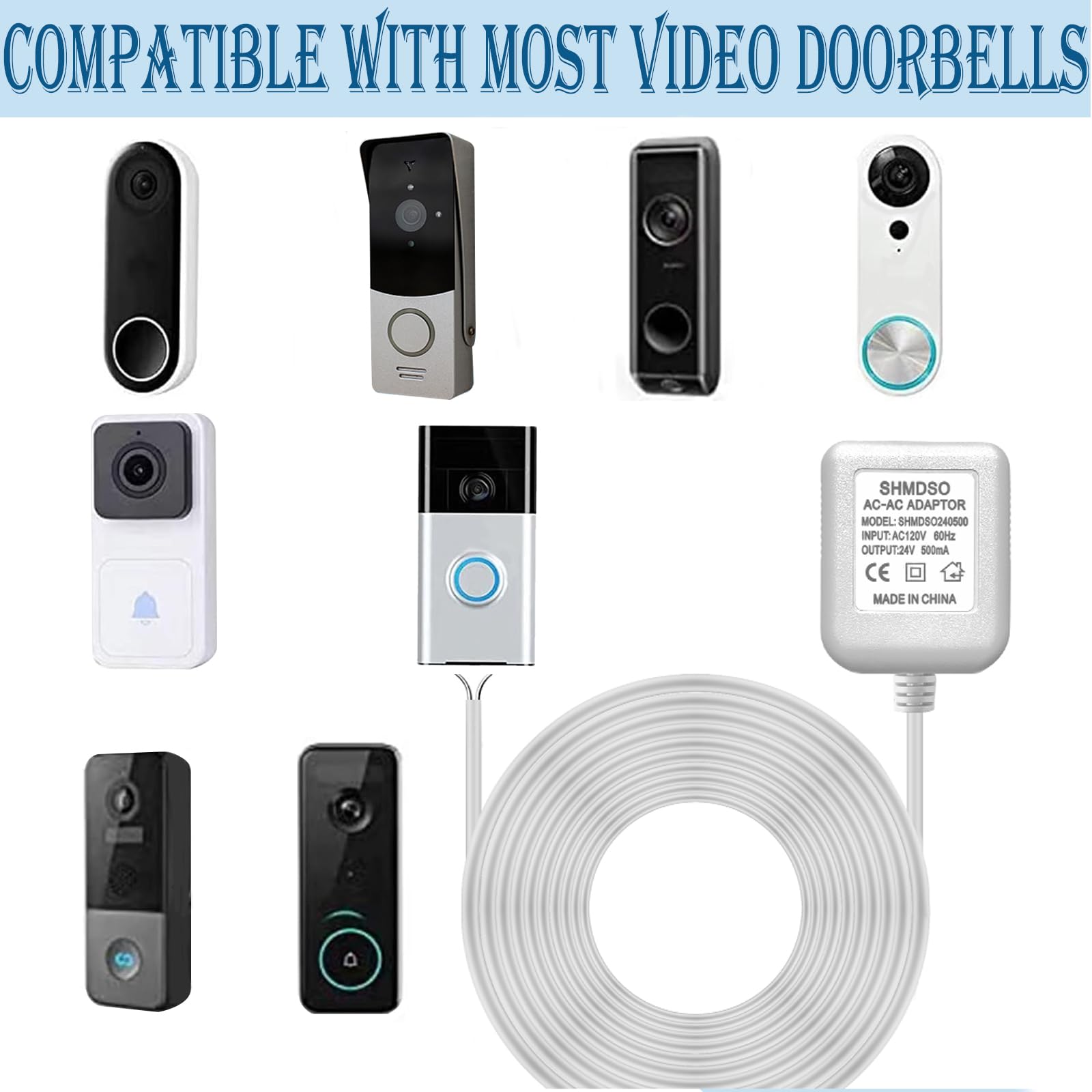 24V Doorbell Transformer,33 Foot Length Output Line 24V500Ma Video Doorbell Power Adapter, Compatible With Arlo, Nest, Wyze, Euf