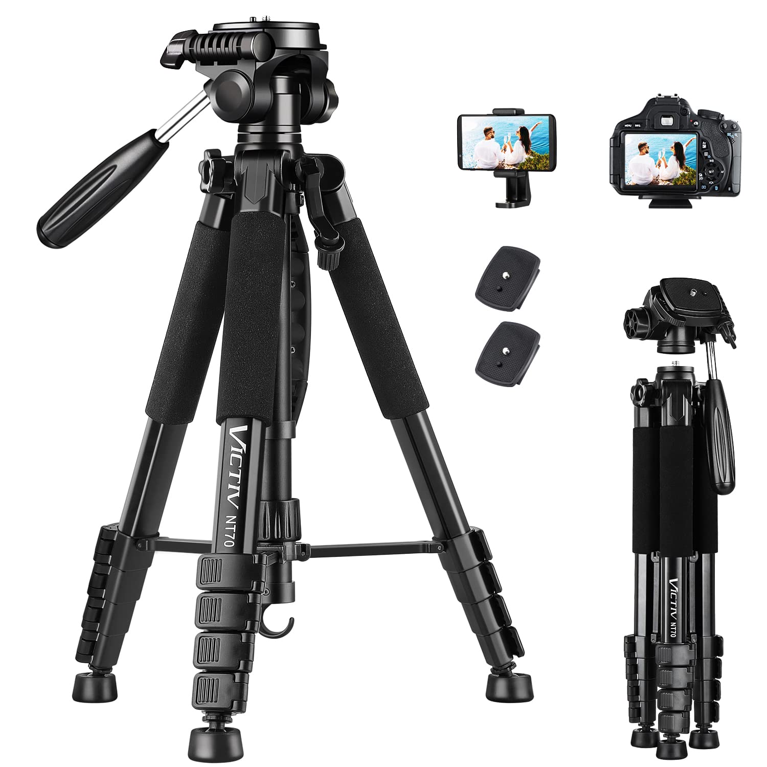 Victiv 74� Camera Tripod, Tripod For Camera And Phone, Aluminum Heavy Duty Tripod Stand For Canon Nikon With Carry Bag And Phone Holder, Compatible With Dslr, Iphone, Spotting Scopes, Max Load 15 Lb