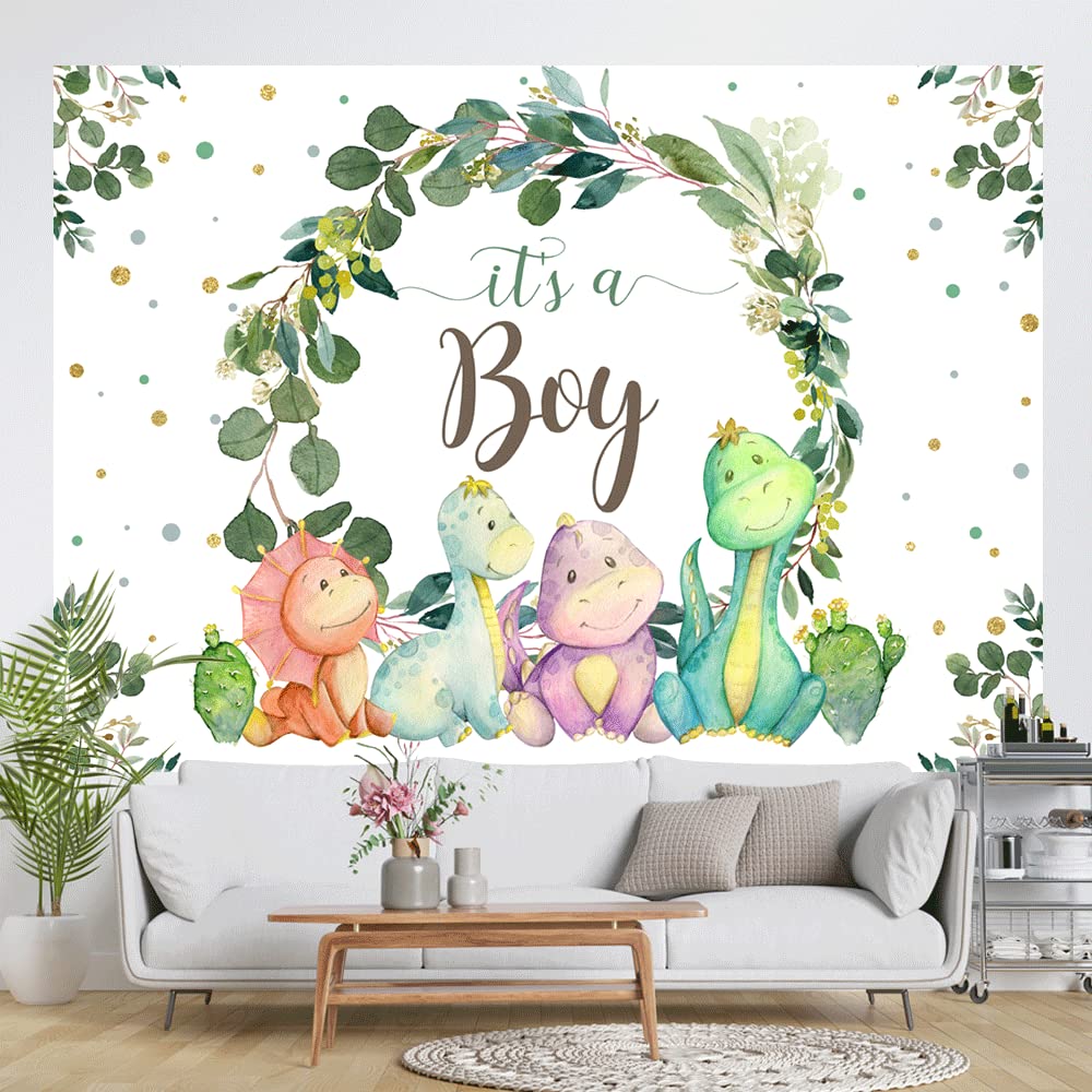 7X5Ft It'S A Boy Backdrop Baby Shower Cartoon Dinosaur Cactus And Eucalyptus Leaves Photography Background Kids Party Supplies C
