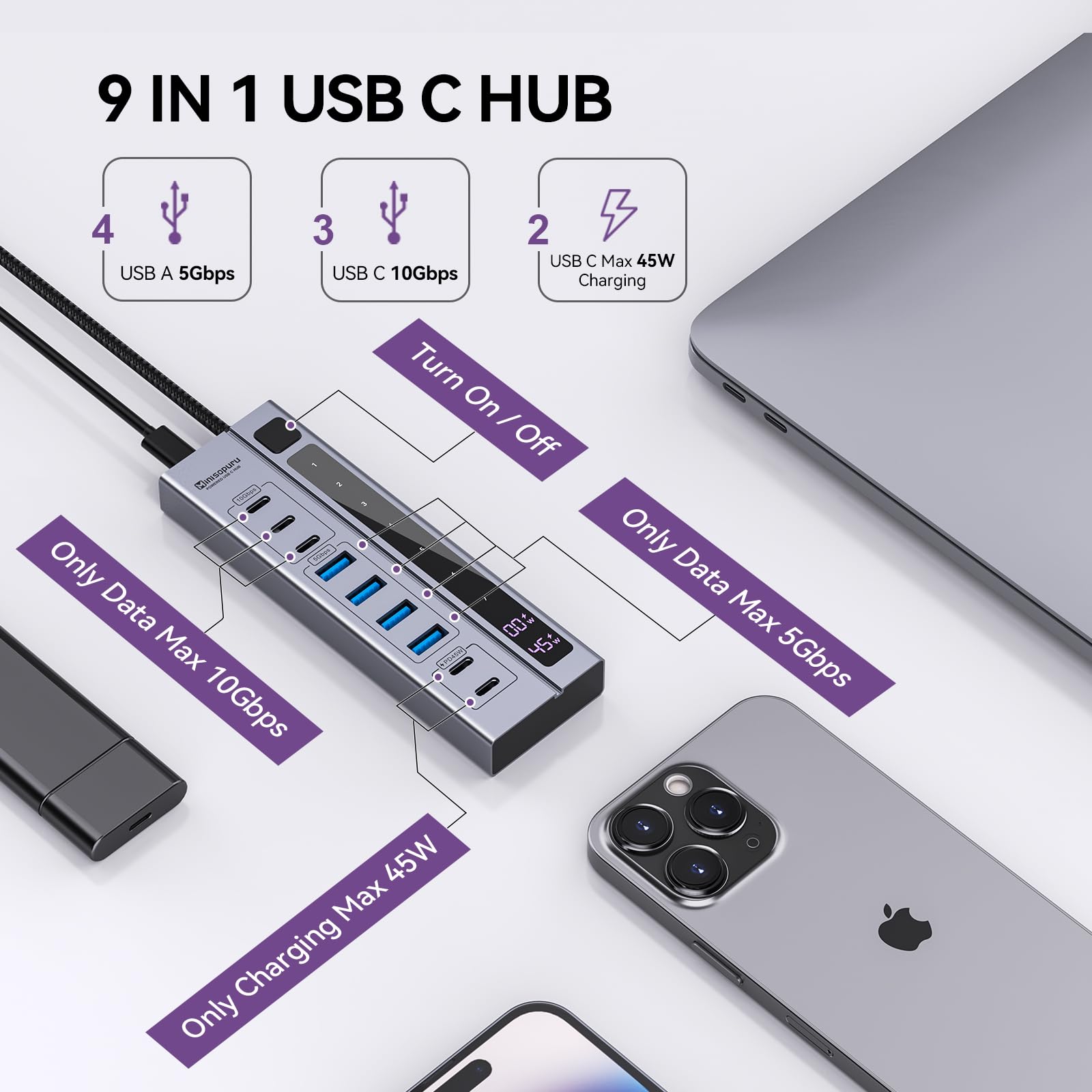Minisopuru USB C Hub - 10Gbps Data Transfer, Max 45W Charging, Black