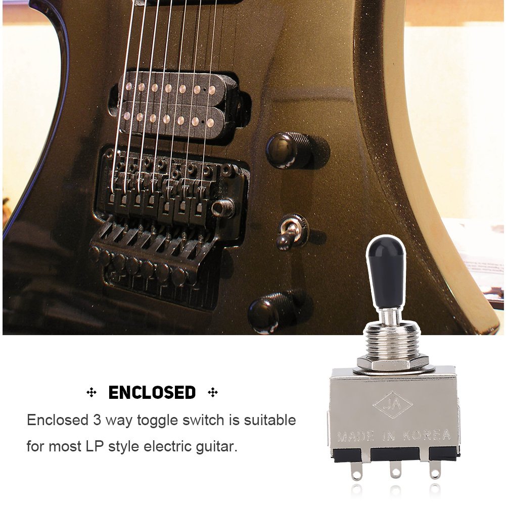 Guitar 3 Way Toggle Switch, Metal Enclosed 3 Way Selector Switch With Black Brass Tip Knob Replacement Part For Style Electric G