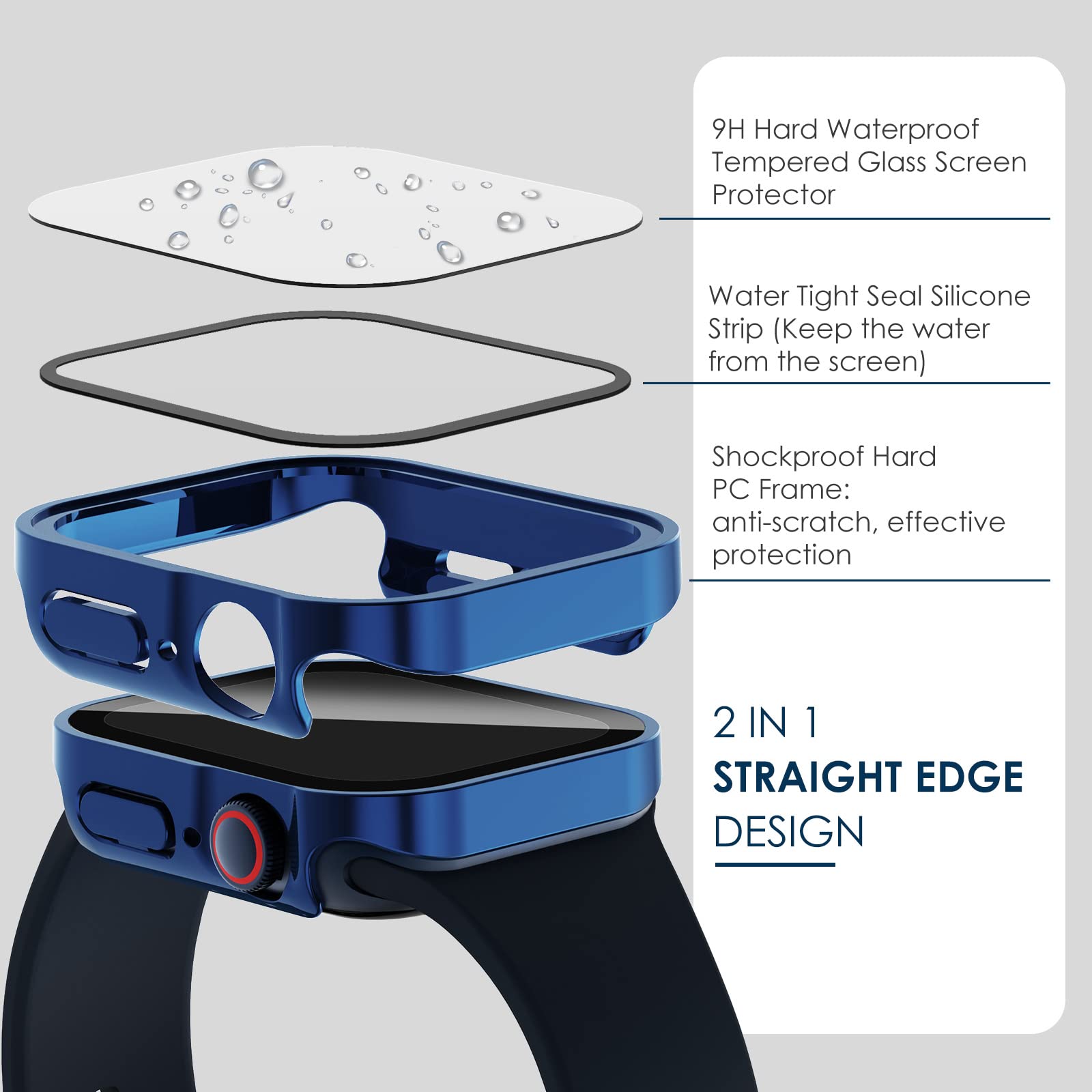 Wingle Compatible For Apple Watch Case 44Mm Series Se 4 5 6,Straight Edge Waterproof Case Full Protective Hard Pc Cover Built In