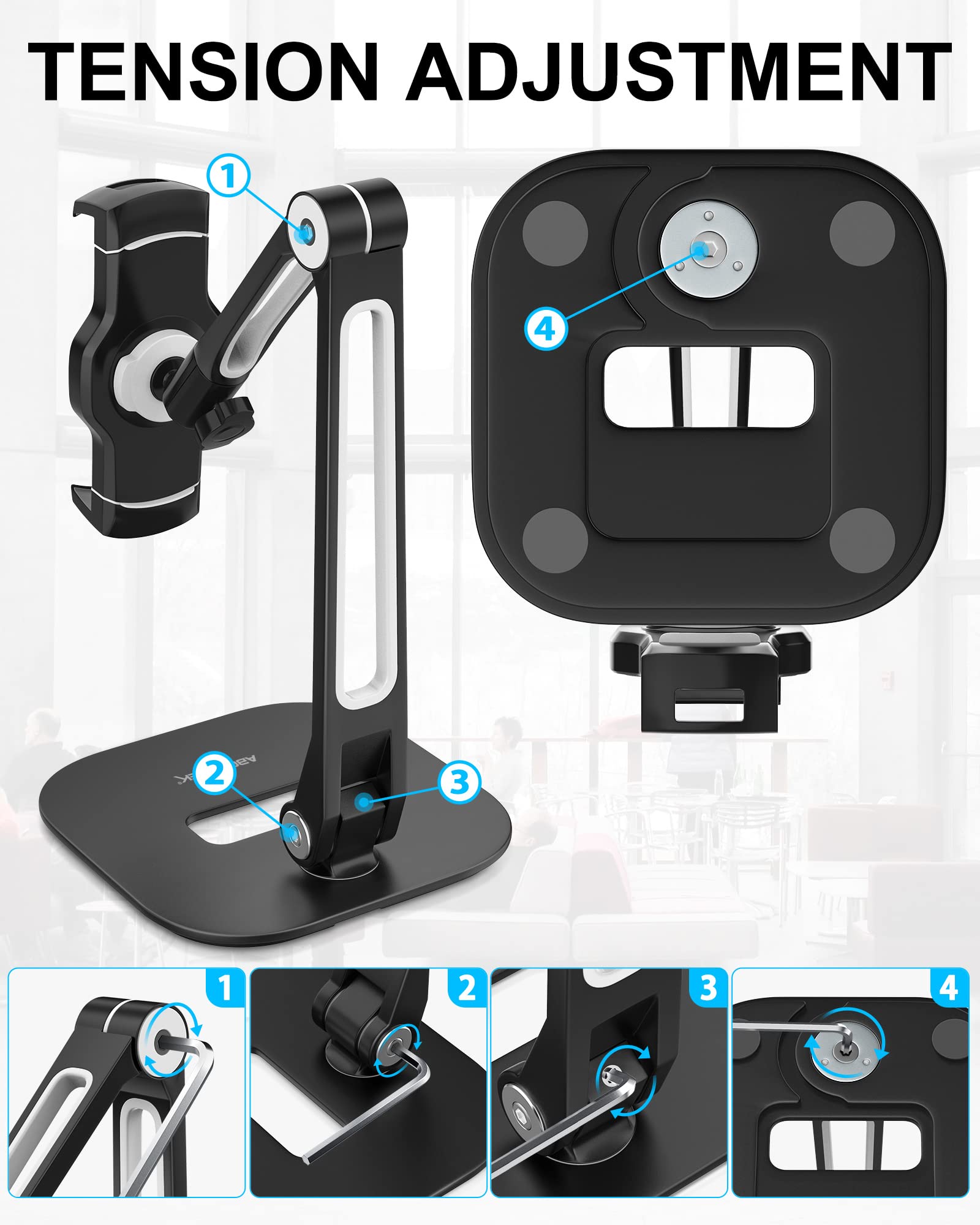 AboveTEK Tablet Stand, Multi Angle Adjustable iPad Stand Holder, 360� Swivel iPad Stand Aluminum Desk Mount Fits 4� 11'(Diagonal) iPad/Mini/Air/Pro for Business Kiosk Office � Black