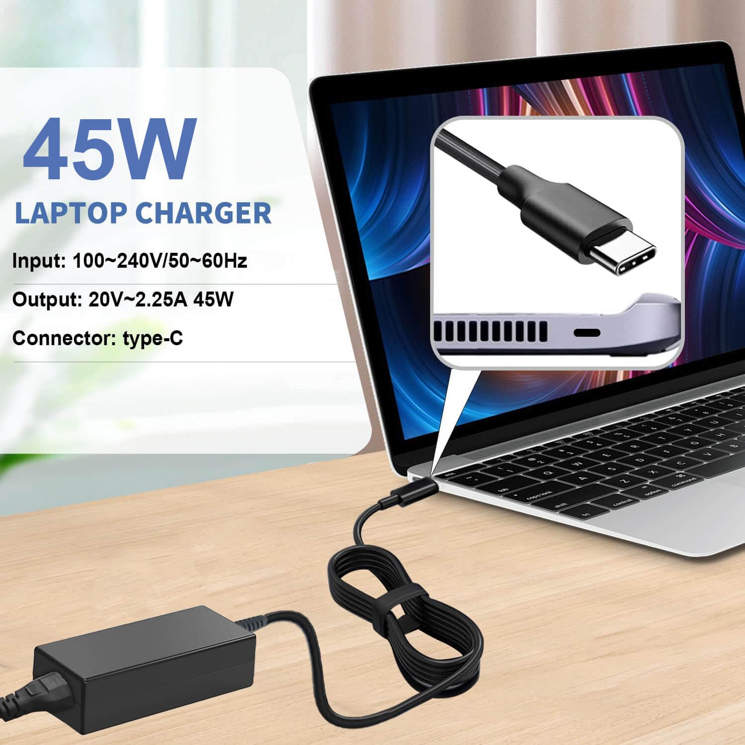 DMKAOLLK 45W USB-C Chromebook Charger - Compatible with HP Chromebook X360, Google, ASUS - Type C Power Supply Adapter