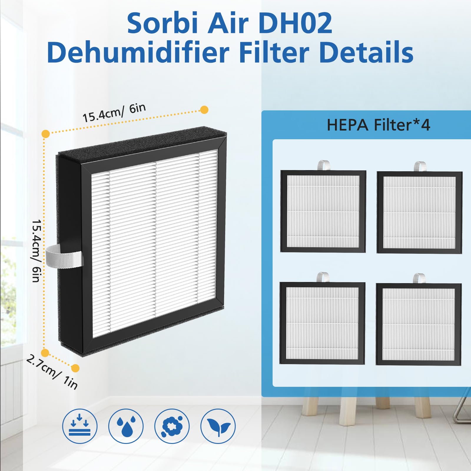 4 Pack Dh02 H13 True Hepa Replacement Filter Compatible With Tenergy Sorbi Dh02 2 In 1 Dehumidifier(1000Ml)/Air Purifier, Afloia