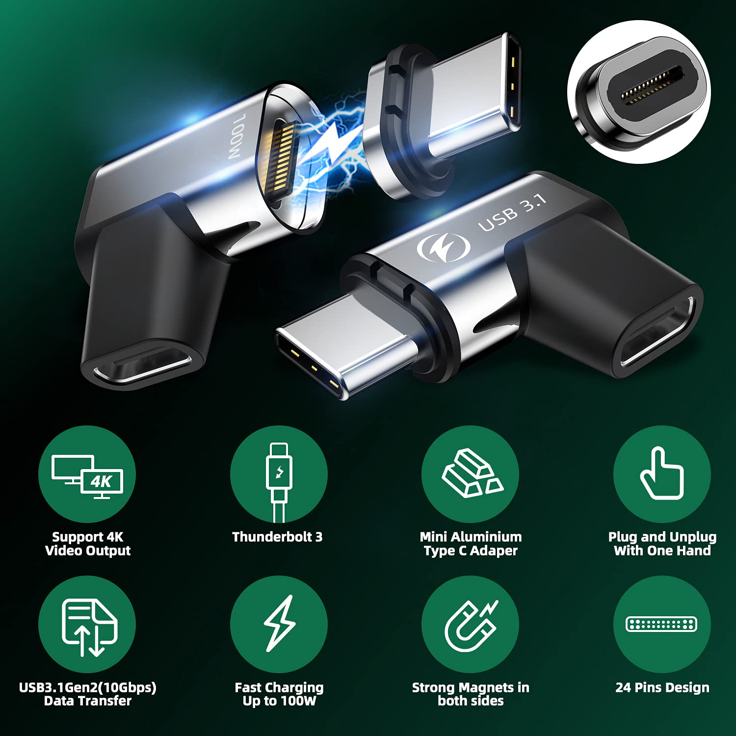 Duhesin Usb C Magnetic Adapter, (2 Pack) Magnetic Usb C Adapter, 24Pins Usb3.1 10Gbps Data Transfer 4K 60Hz Video Pd 100W Charge Compatible With Macbook Pro/Air Usb C Laptop